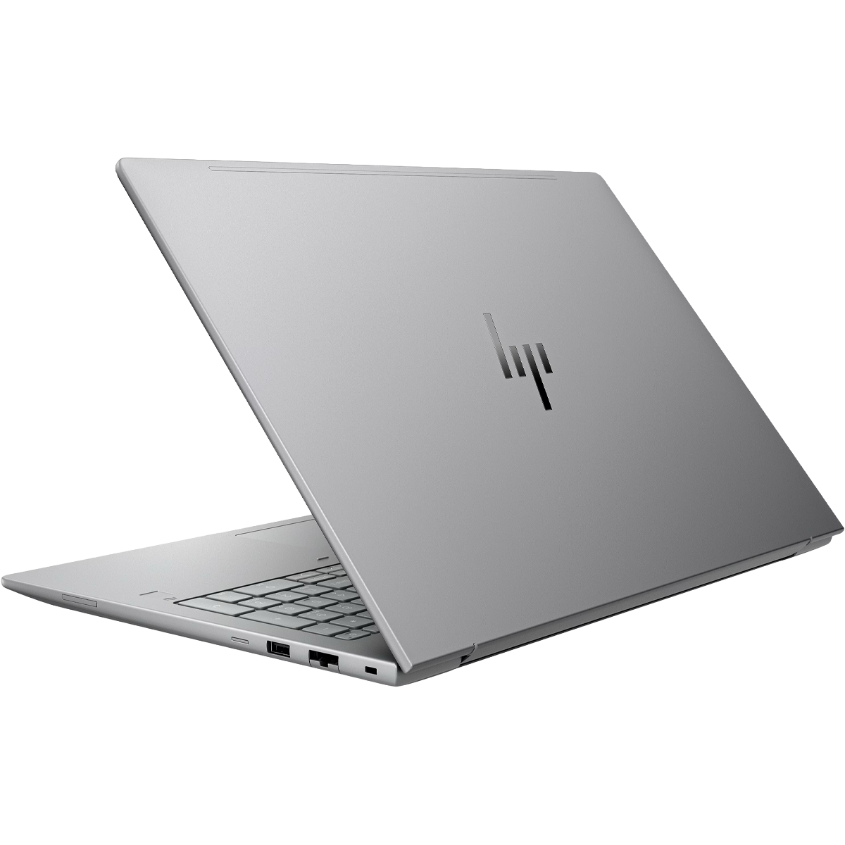 Een zilveren HP laptop met open deksel, toetsenbord zichtbaar.
