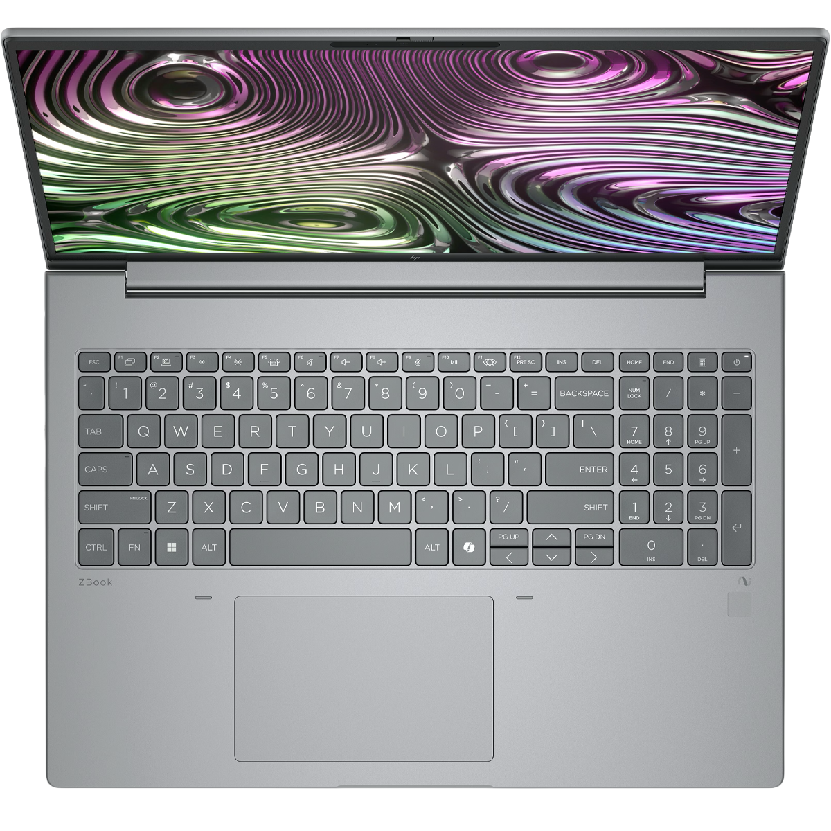 Een open zilveren laptop met een kleurrijk, wervelend patroon op het scherm.