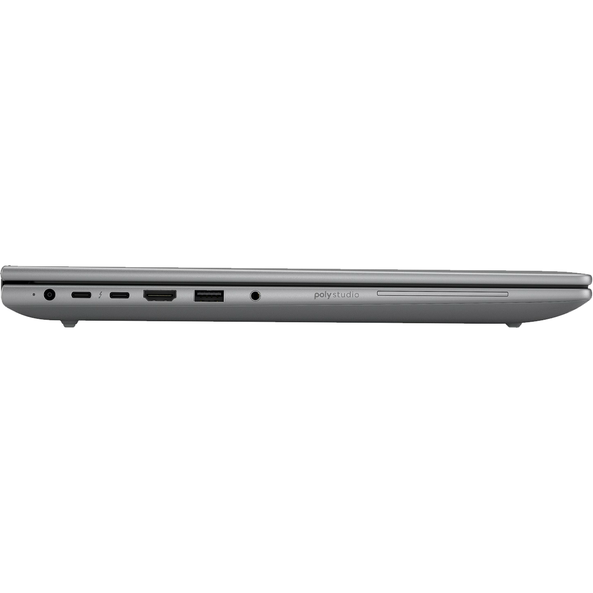 Zilveren laptop zijaanzicht: twee USB-C, HDMI, USB-A, audio jack en 'polystudio' logo.