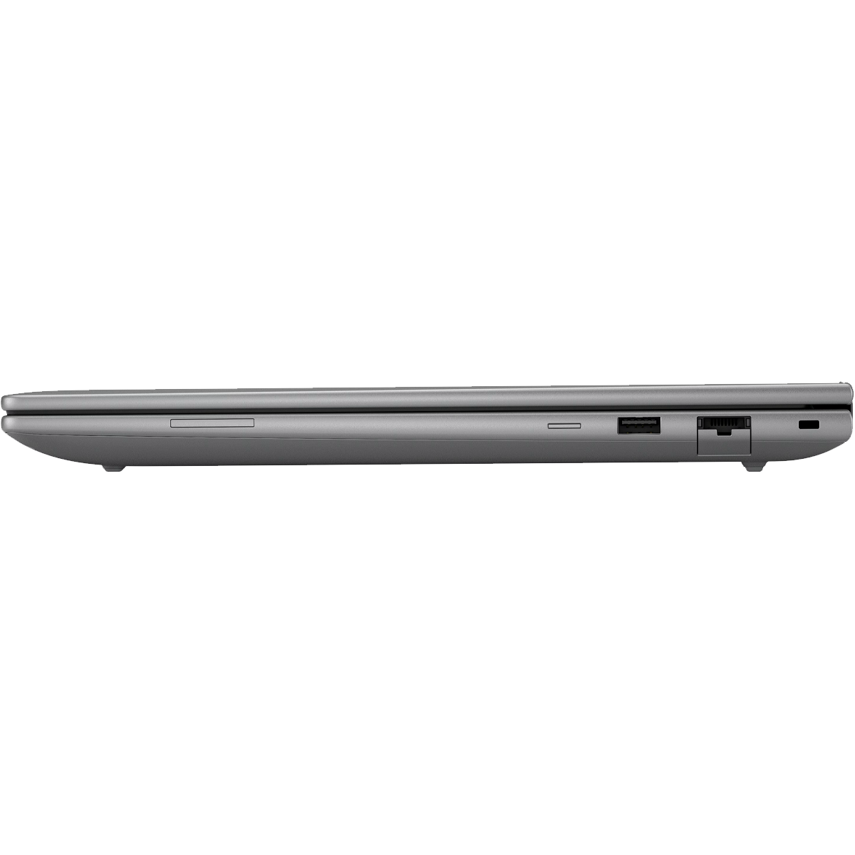 Grijs laptopprofiel met USB-poort en SD-kaartlezer.