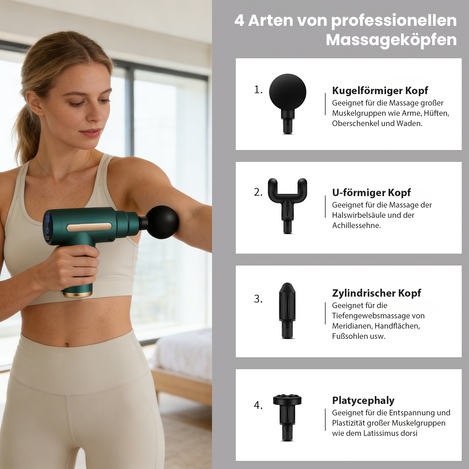 Frau massiert ihren Arm mit Massagepistole, vier Aufsätze werden gezeigt.