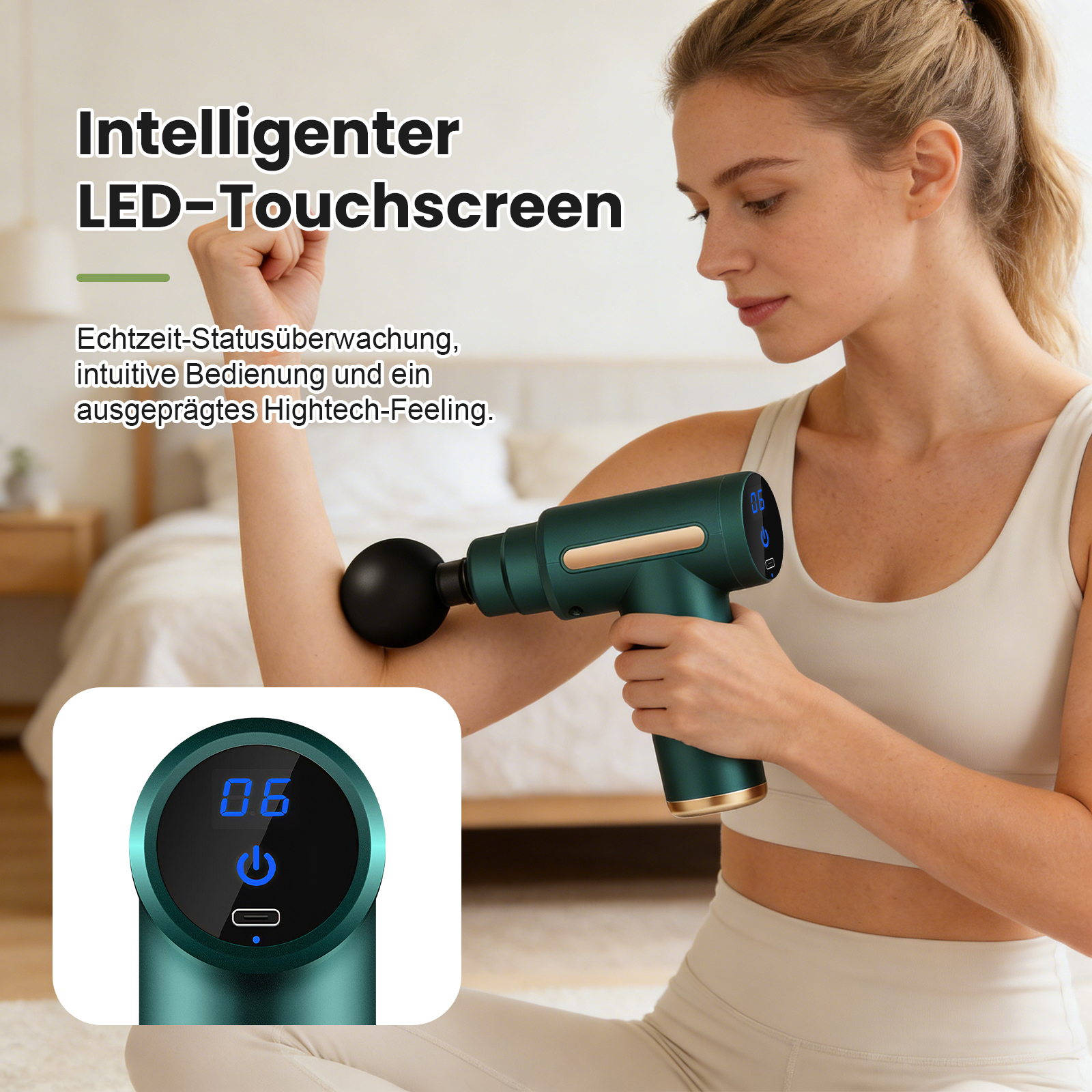 Frau benutzt Massagepistole am Arm. LED-Display zeigt 06. Intelligenter Touchscreen.