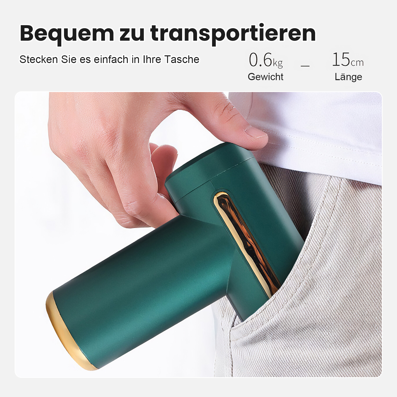 Eine Person steckt ein kleines, grünes Gerät mit goldenen Akzenten in eine Hosentasche.