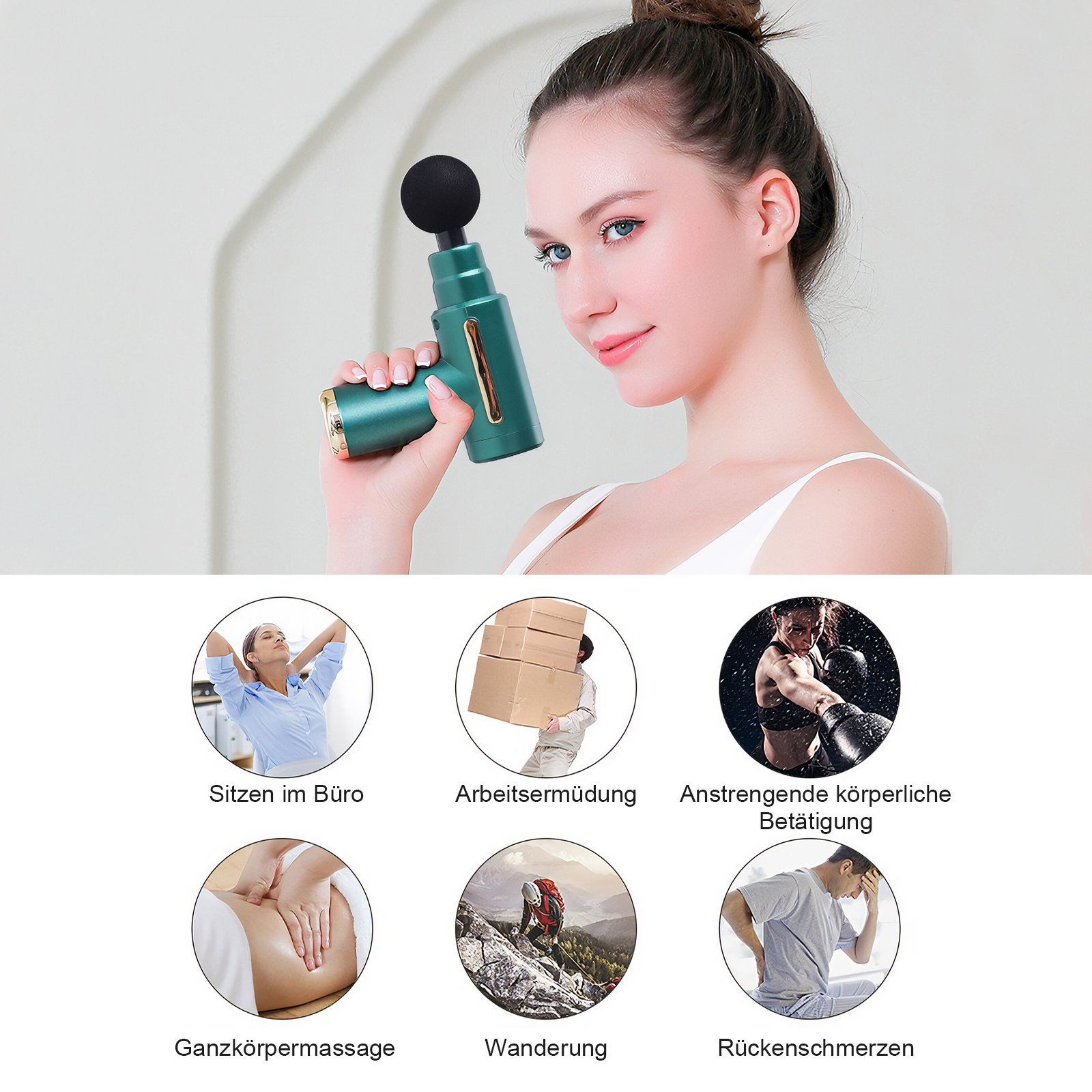 Frau hält Massagepistole, daneben sechs kleine Bilder von Entspannung, Arbeit, Sport, Massage, Wandern, Rückenschmerzen.