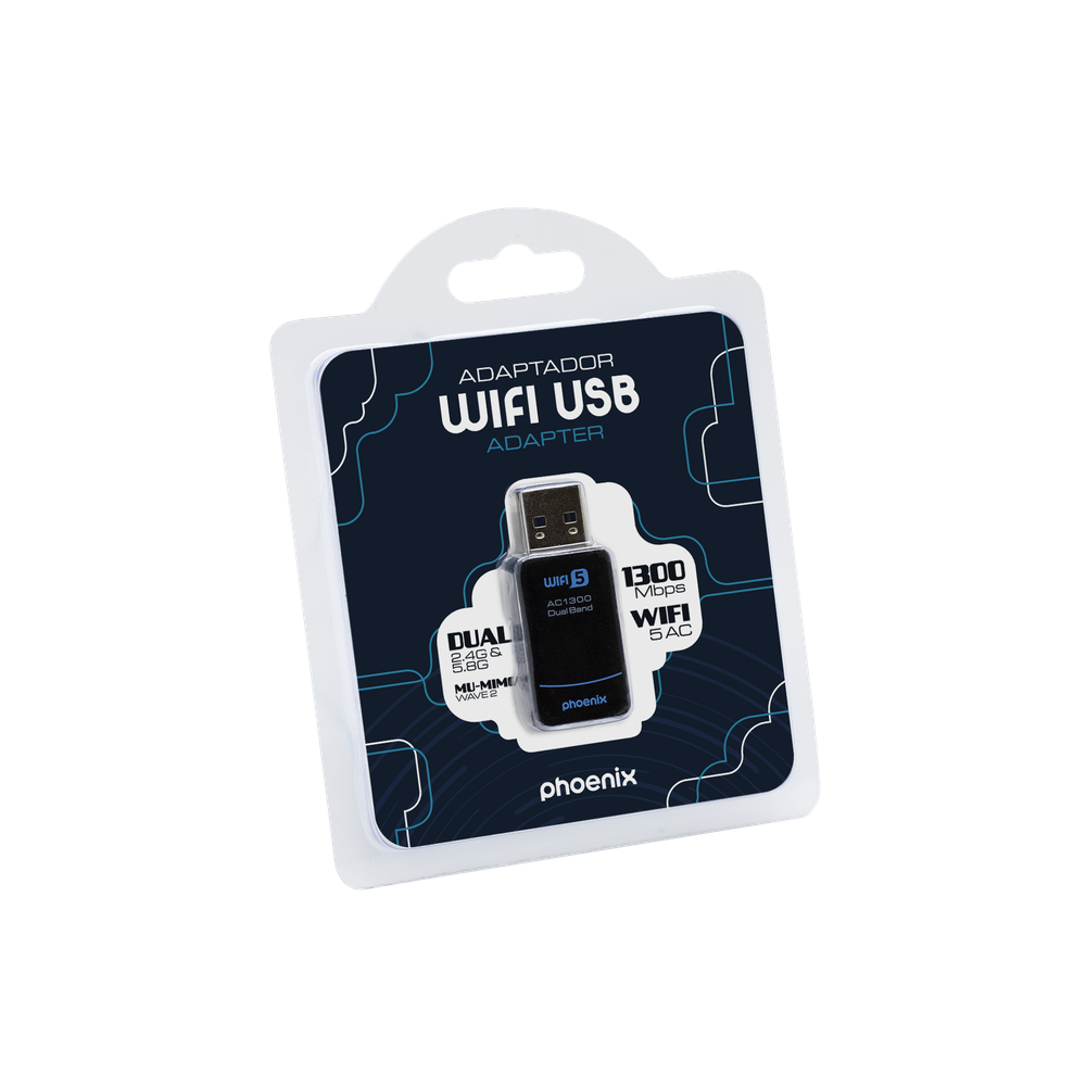 Adattatore USB WiFi Phoenix in confezione, con supporto Dual Band AC1300 5GHz.