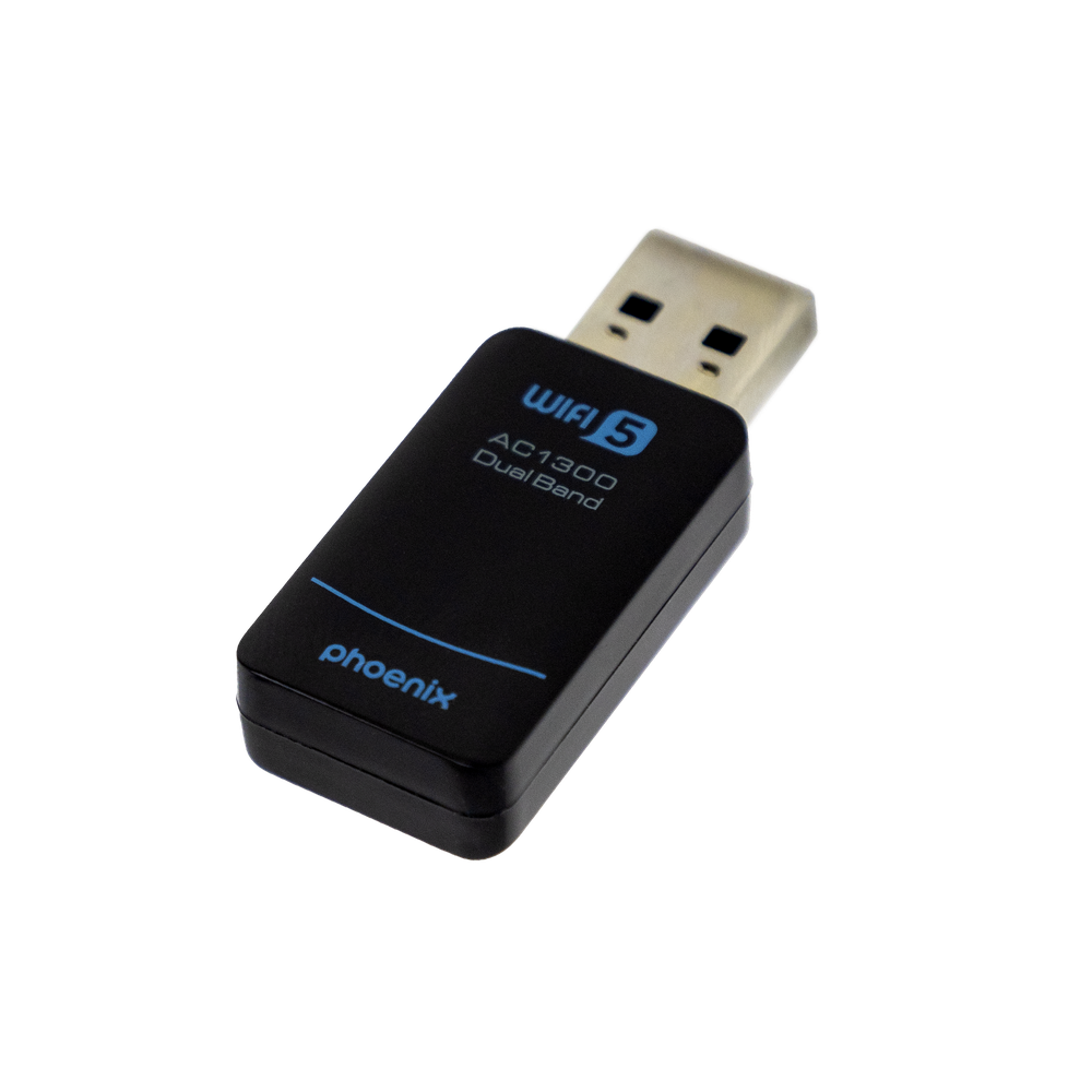 Adattatore WiFi USB nero con testo e logo blu.