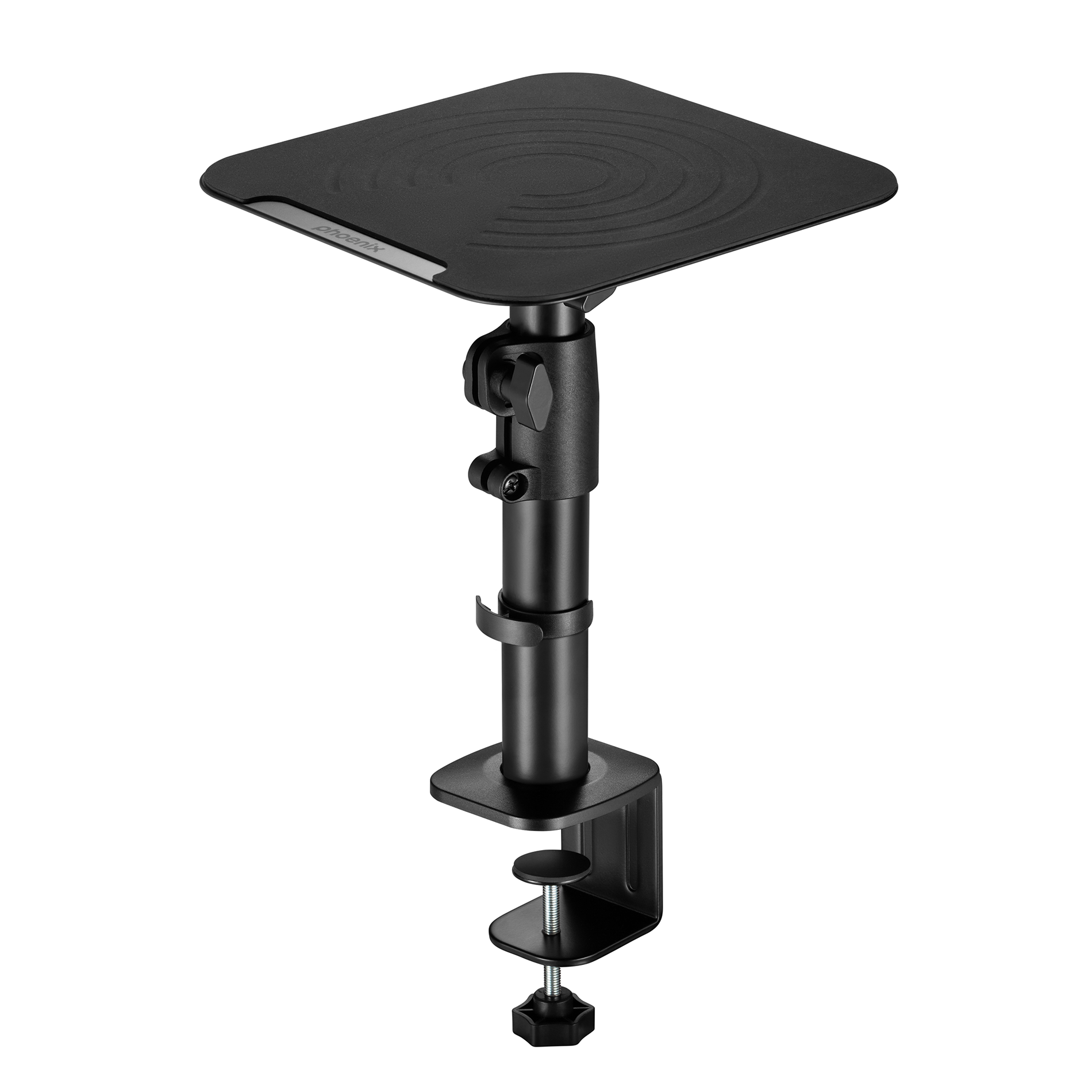 Soporte de escritorio negro con brazo ajustable y bandeja redonda.