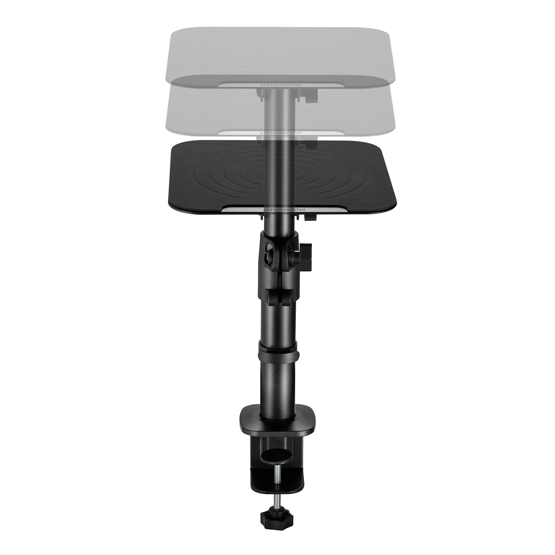 Soporte negro para portátil con base de abrazadera y poste ajustable, sobre fondo blanco.