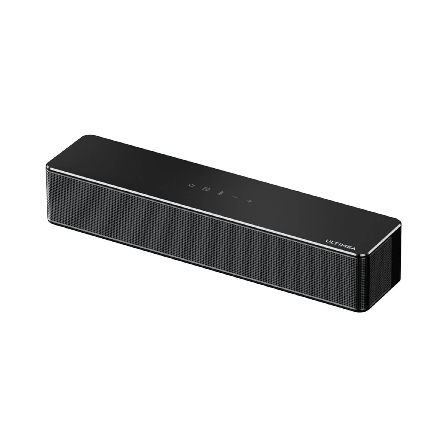 Soundbar rettangolare nera con pulsanti di controllo sulla superficie superiore.