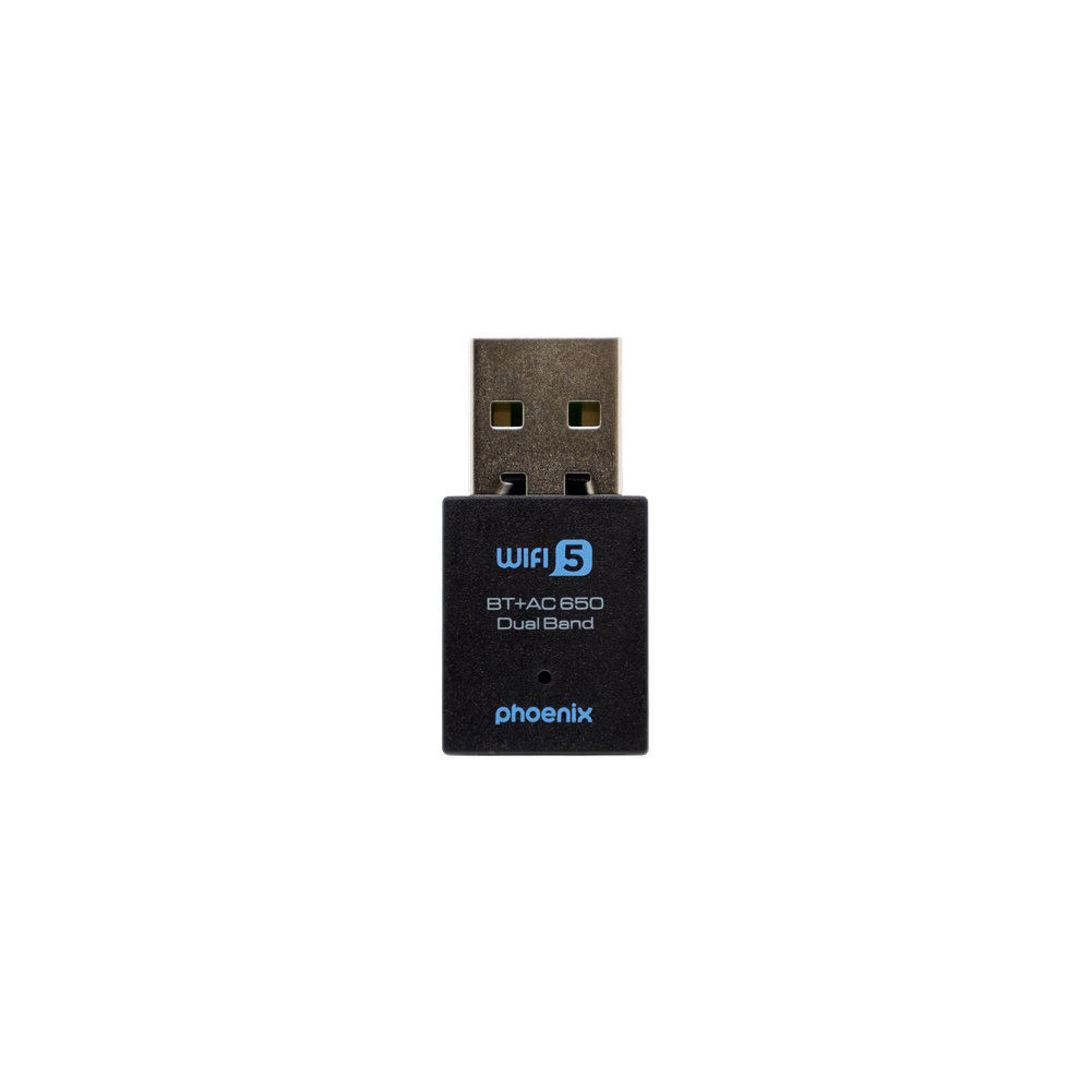 Un adattatore WiFi USB nero con marchio "WiFi 5" e "Phoenix".