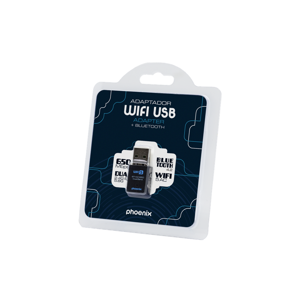 Confezione di un adattatore USB WiFi nero con accenti blu, include Bluetooth.