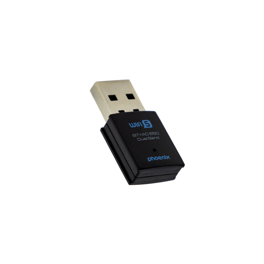 Adattatore WiFi USB nero con loghi 'WiFi 5' e 'phoenix'. Dual Band.