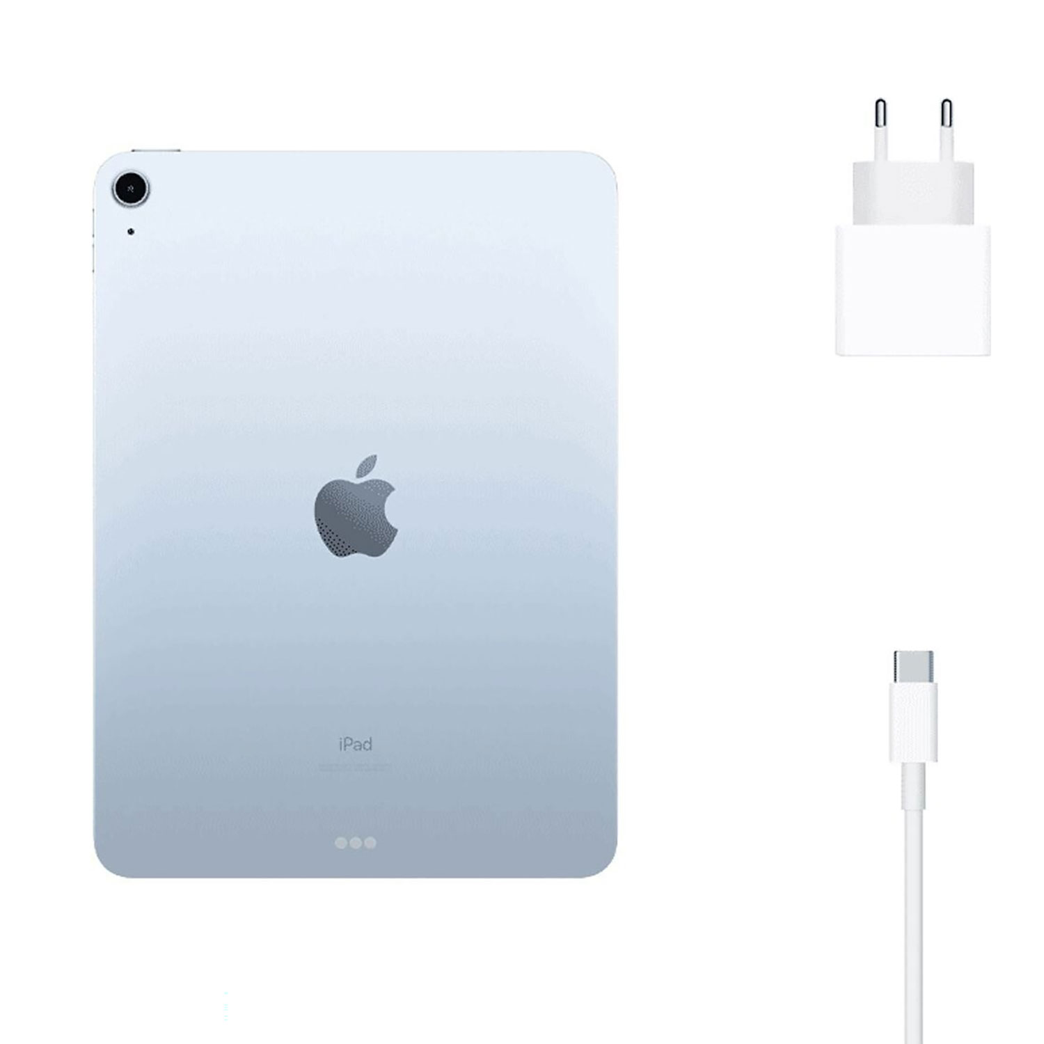 Ein hellblaues iPad mit Apple Logo und Ladezubehör.