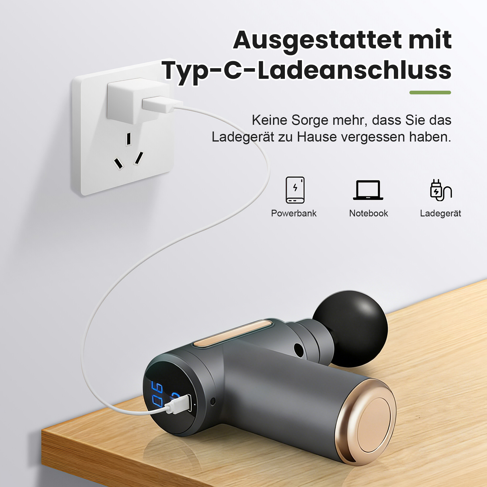 Massagepistole wird über USB-C an eine Steckdose angeschlossen.