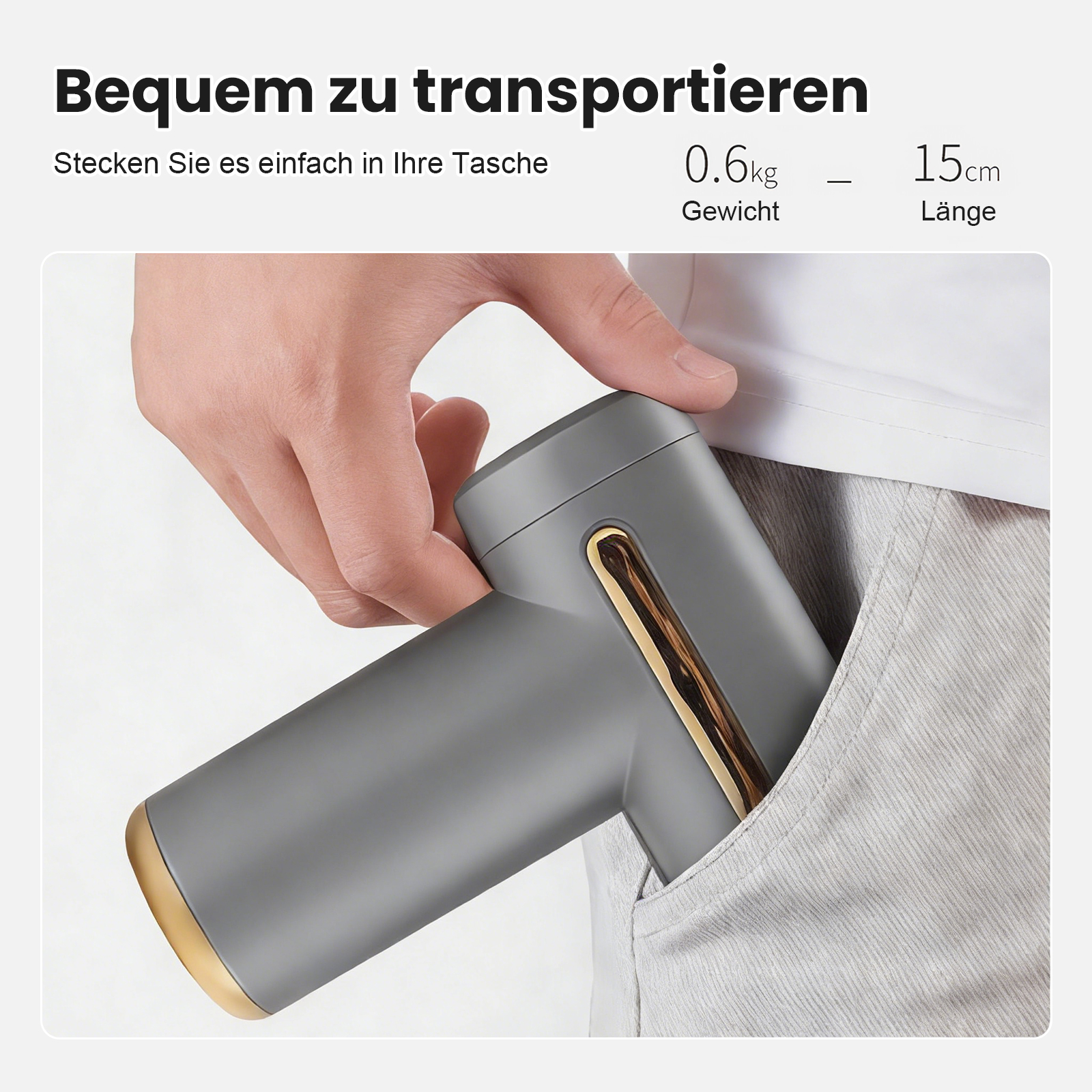 Graues Gerät mit goldenem Akzent wird in eine Hosentasche gesteckt.