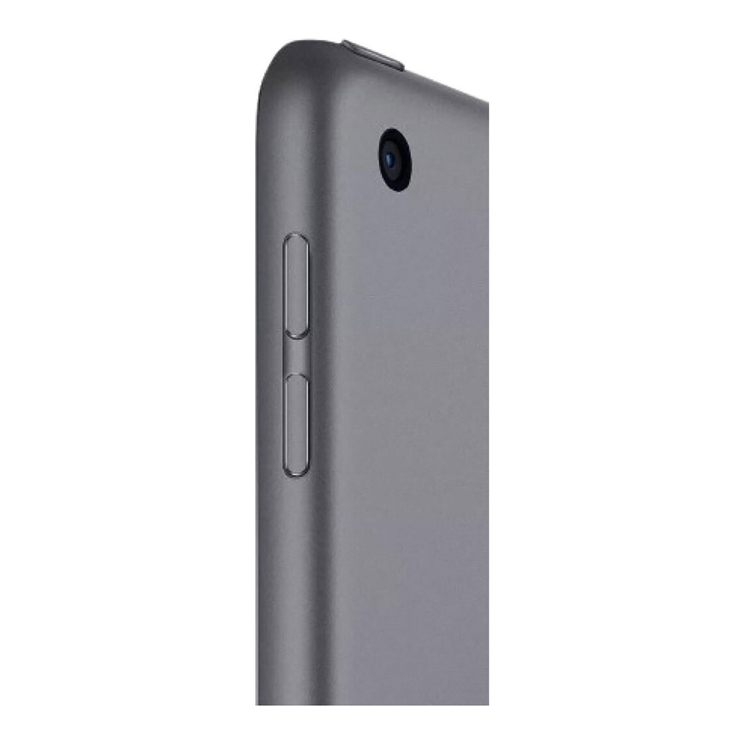 Szary tablet z bocznym aparatem i przyciskami głośności.