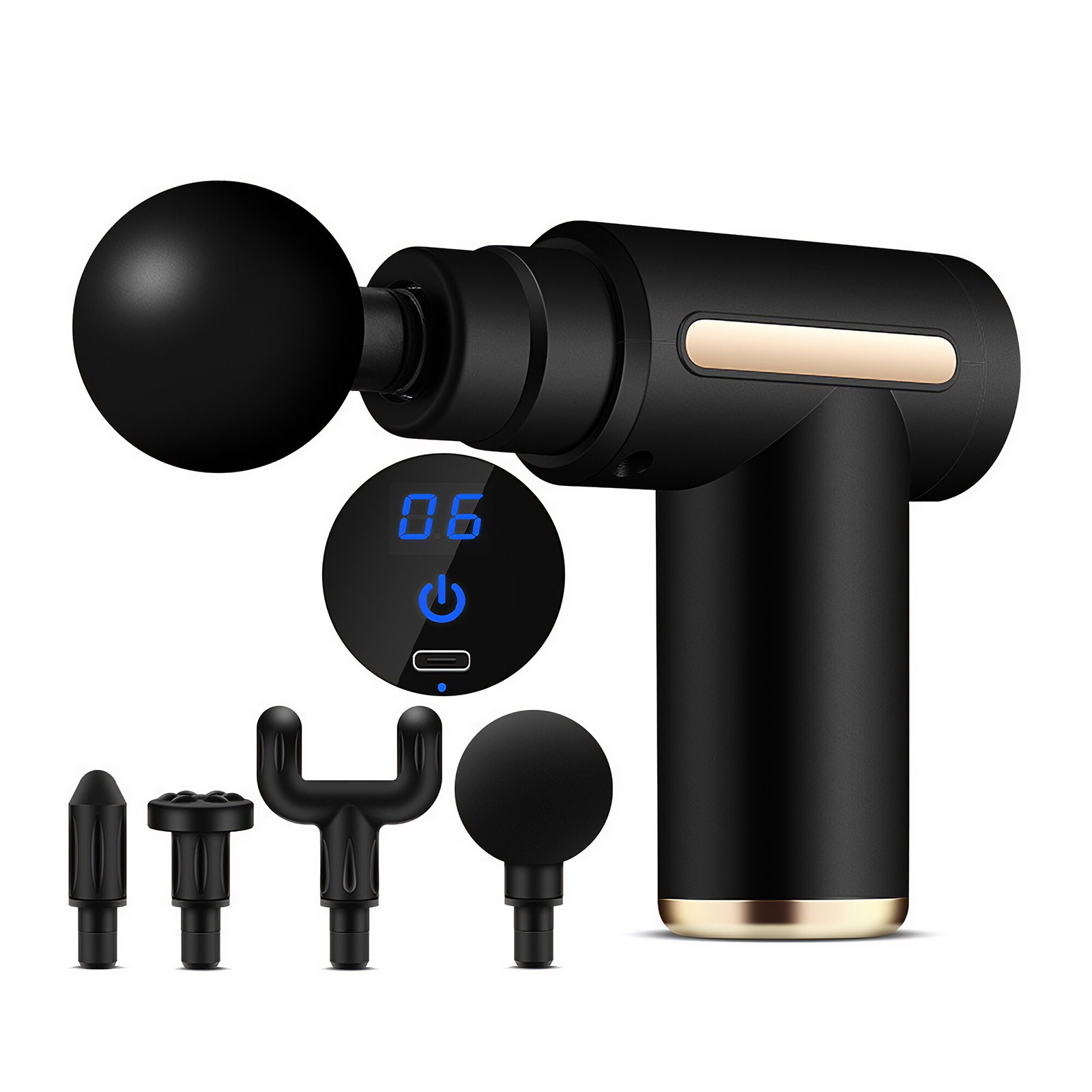Schwarze Massagepistole mit digitaler Anzeige, USB-C und vier Aufsätzen.