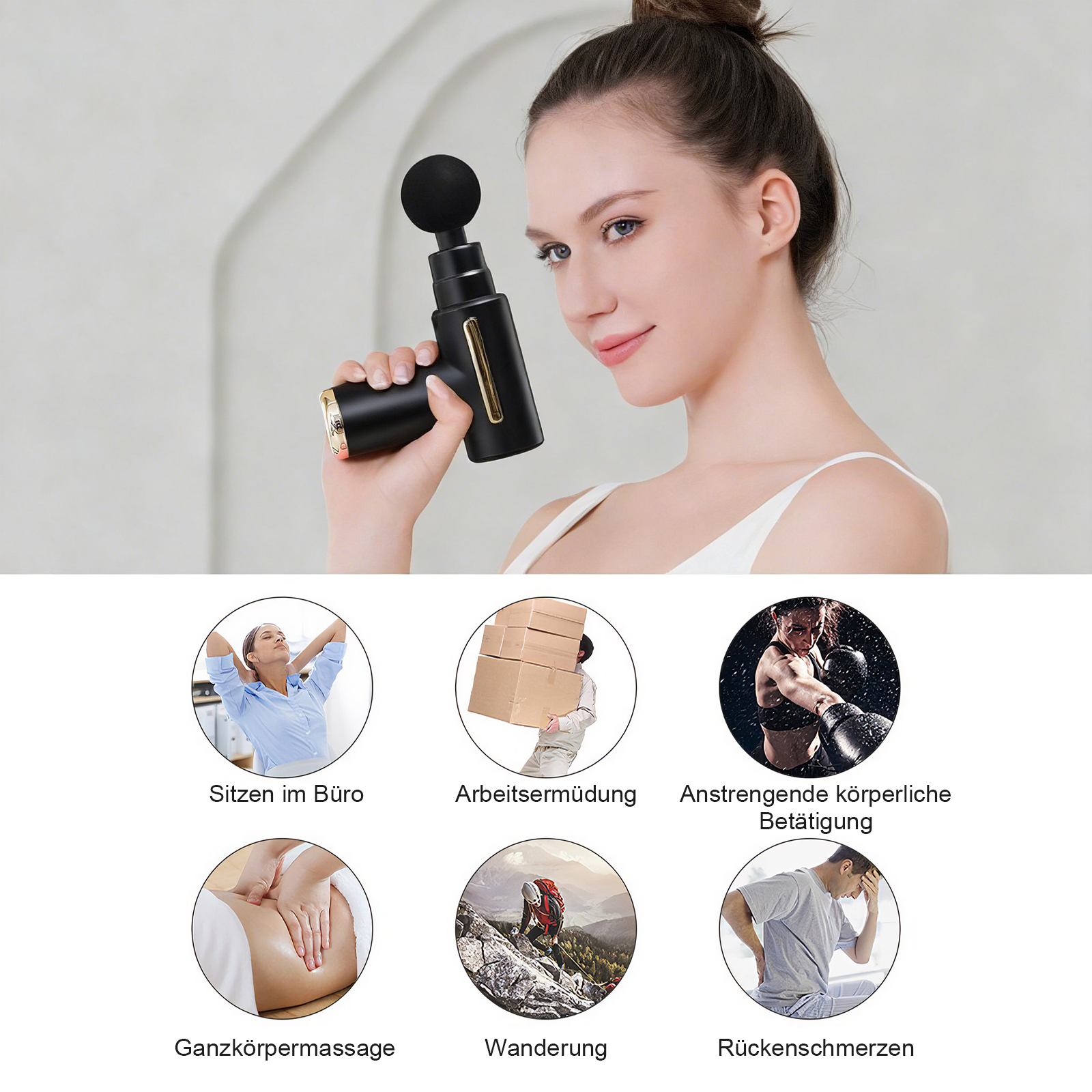 Frau mit Massagepistole, daneben Szenen von Büro, Müdigkeit, Sport, Massage, Wandern, Rückenschmerzen.