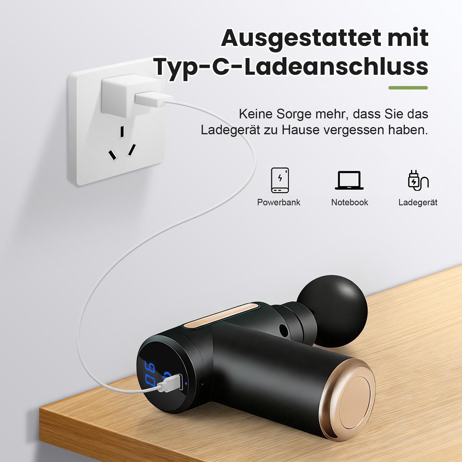 Massagepistole mit Typ-C-Anschluss wird an Steckdose geladen.