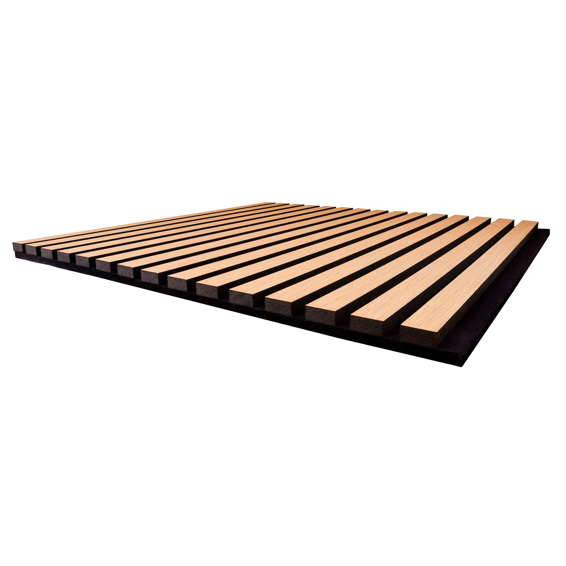Panel acústico de madera enmarcado con lamas sobre fondo negro.