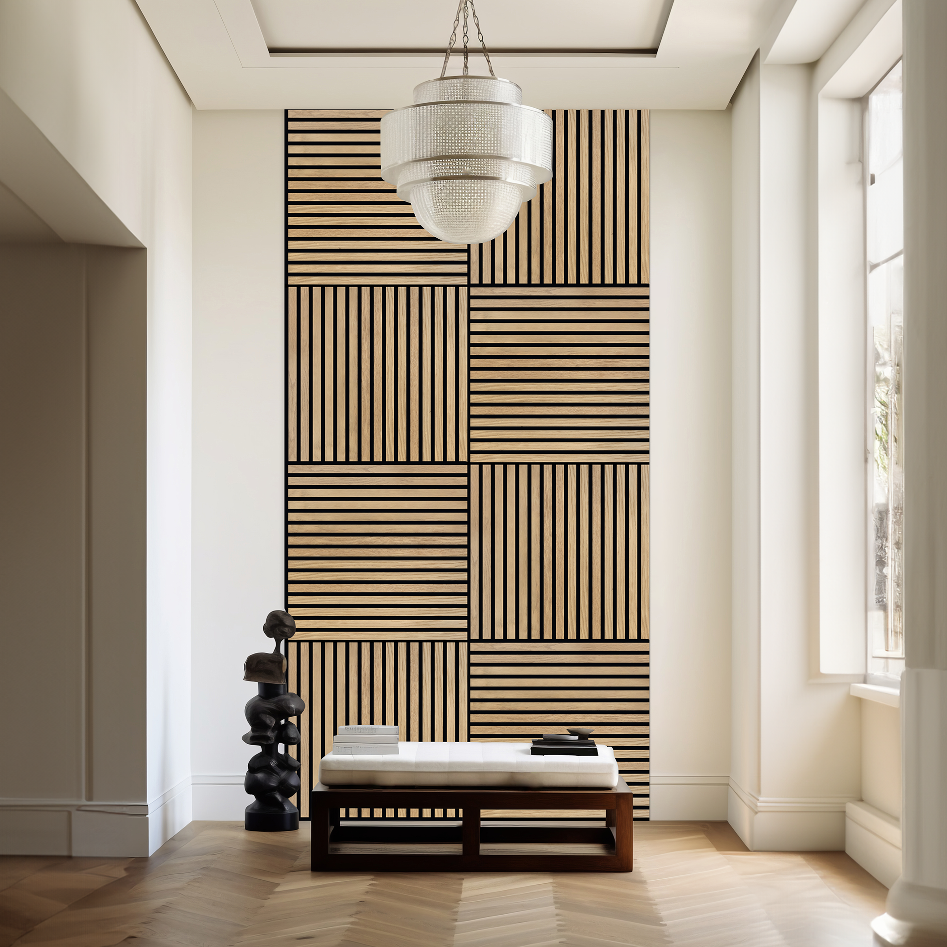 Pasillo moderno con pared de acento de madera, banco, escultura y candelabro.
