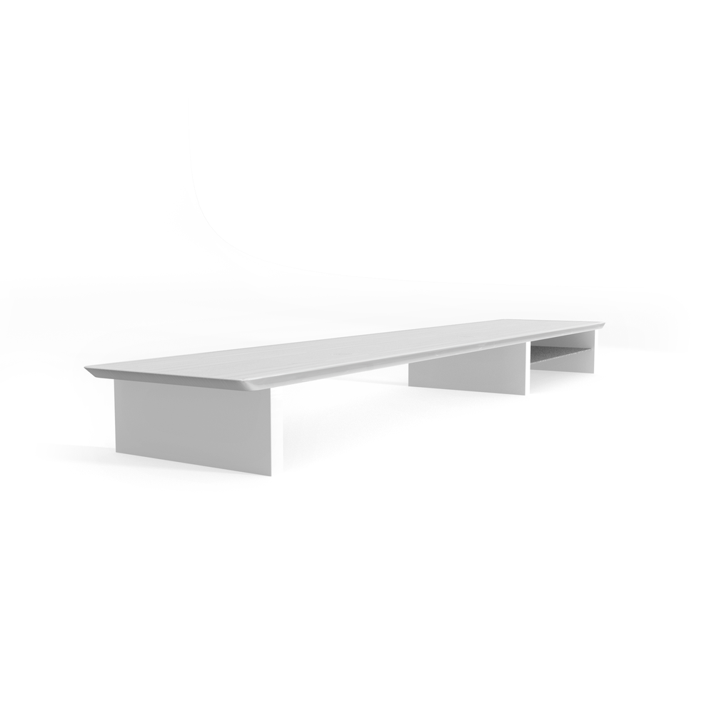 Una mesa blanca, larga y estrecha con dos soportes.