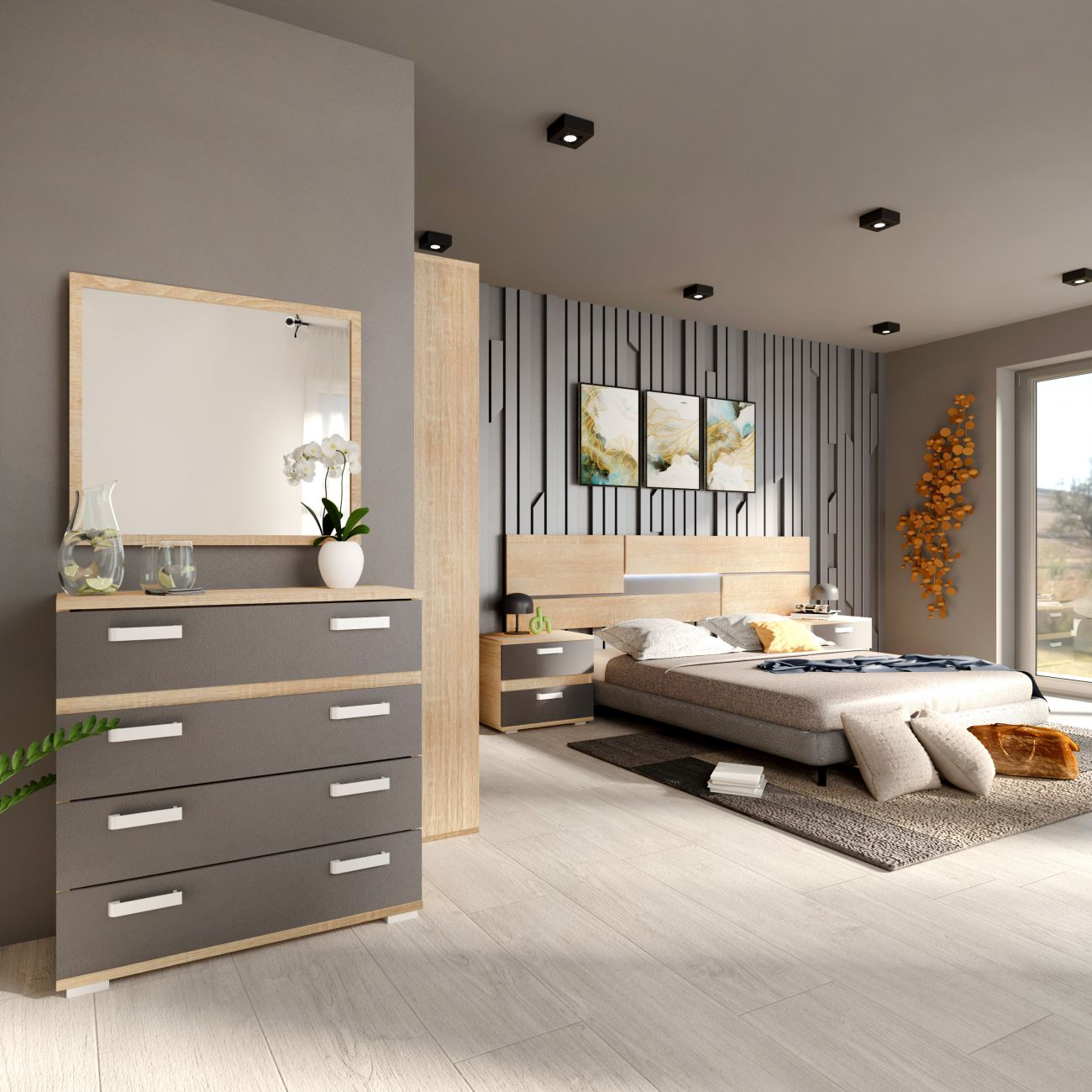 Dormitorio moderno con cómoda gris, espejo, cama y detalles de madera.