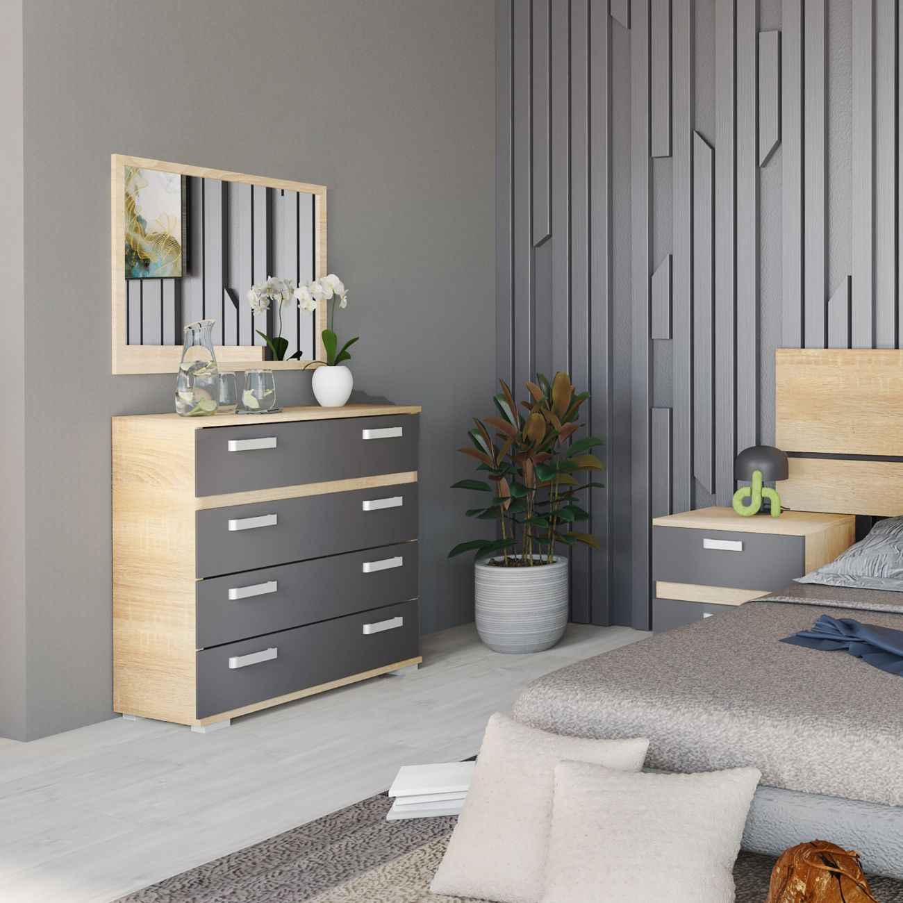 Un dormitorio con detalles de madera y muebles grises.