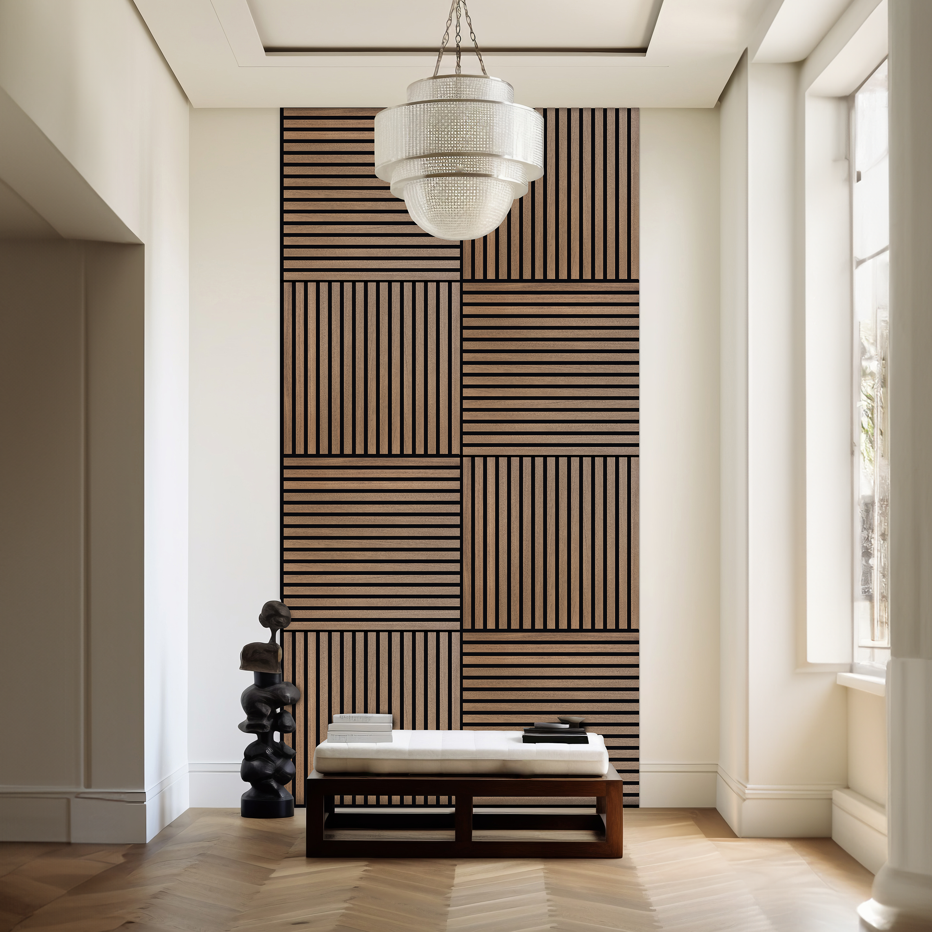 Una sala moderna con pared de acento de madera, banco y escultura.