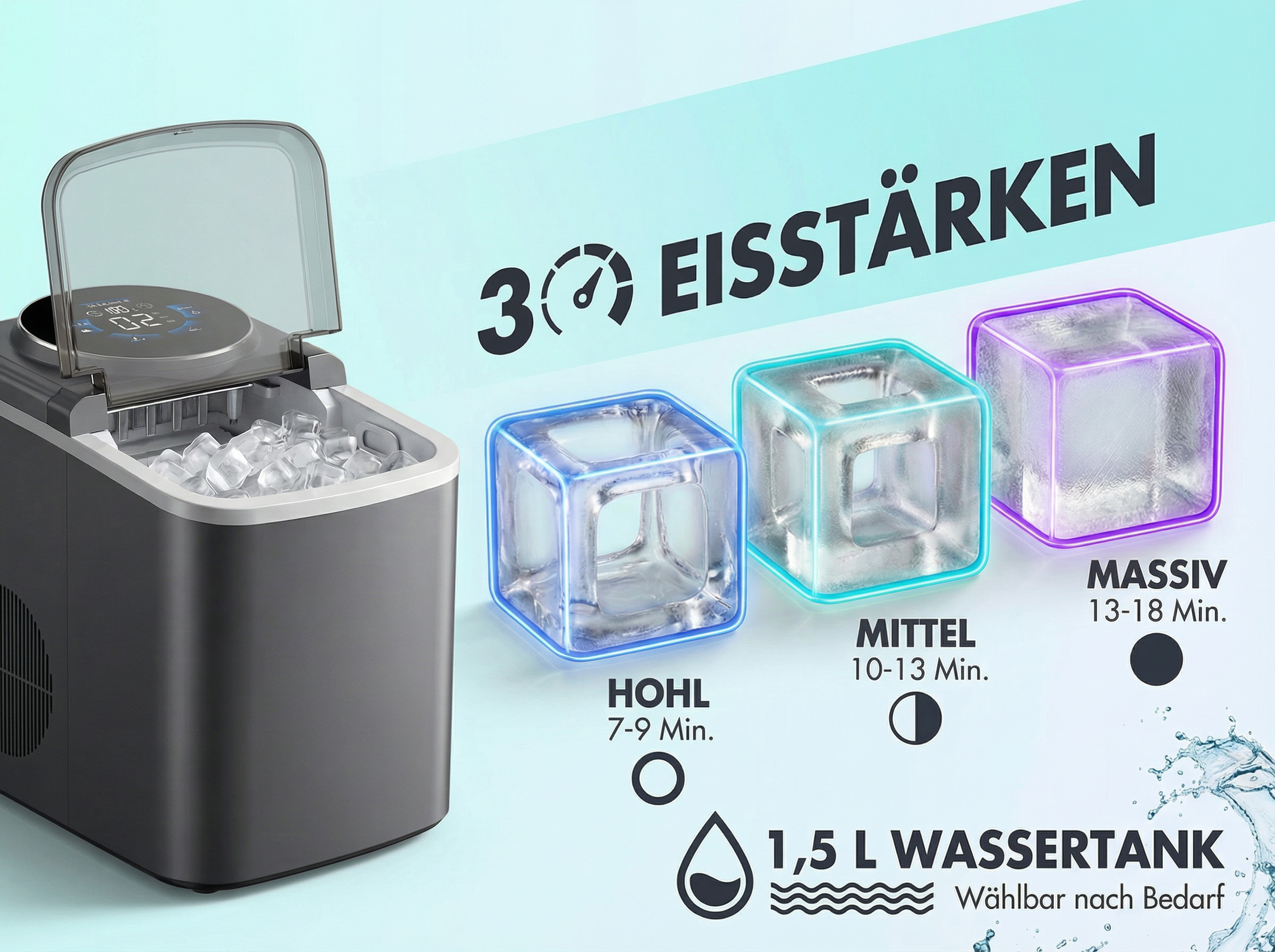 Eismaschine mit 3 Eisgrößen: Hohl, Mittel, Massiv. 1,5 L Wassertank.