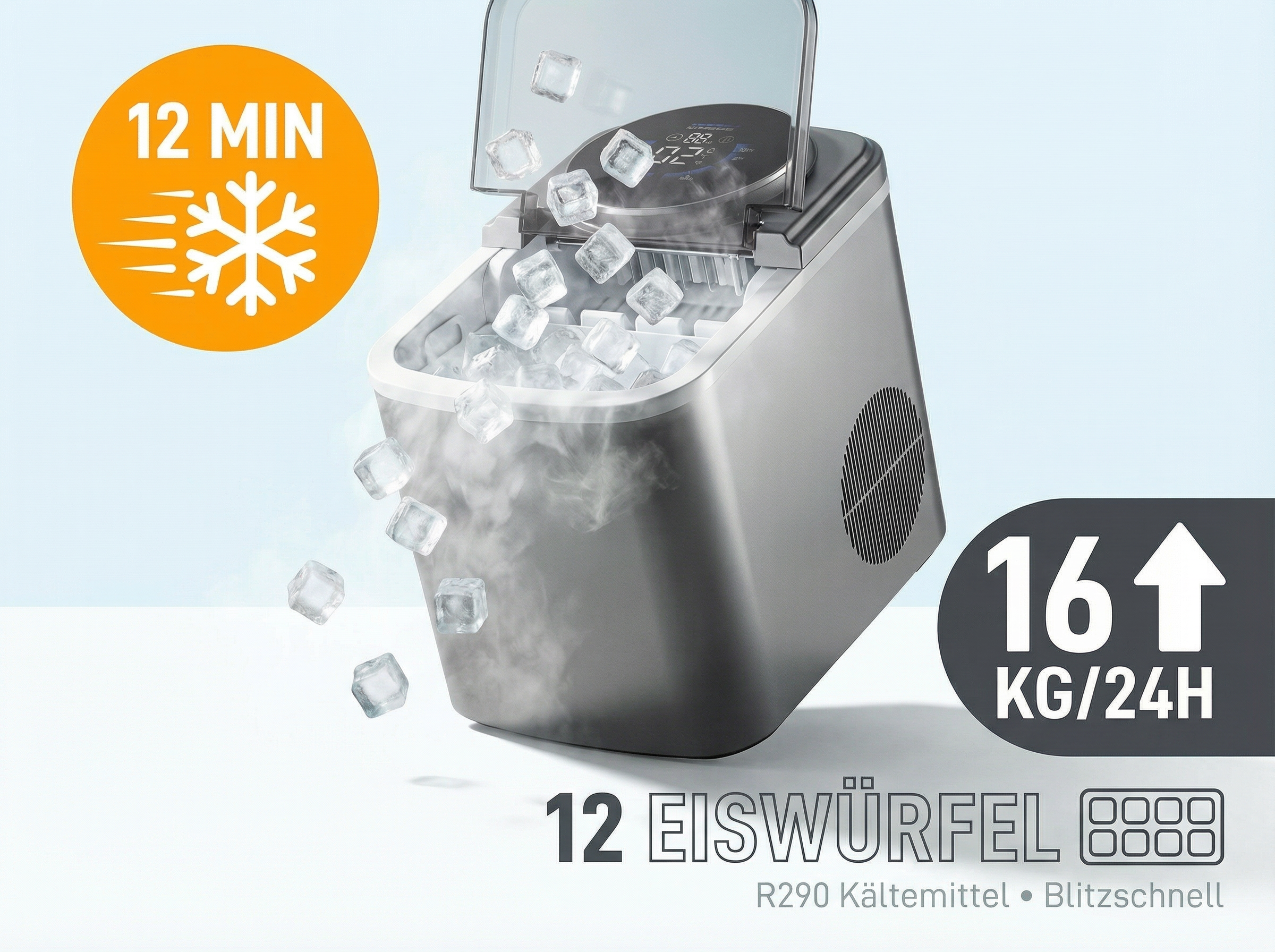 Eiswürfelmaschine mit 16kg/24h Kapazität, macht Eis in 12 Min.
