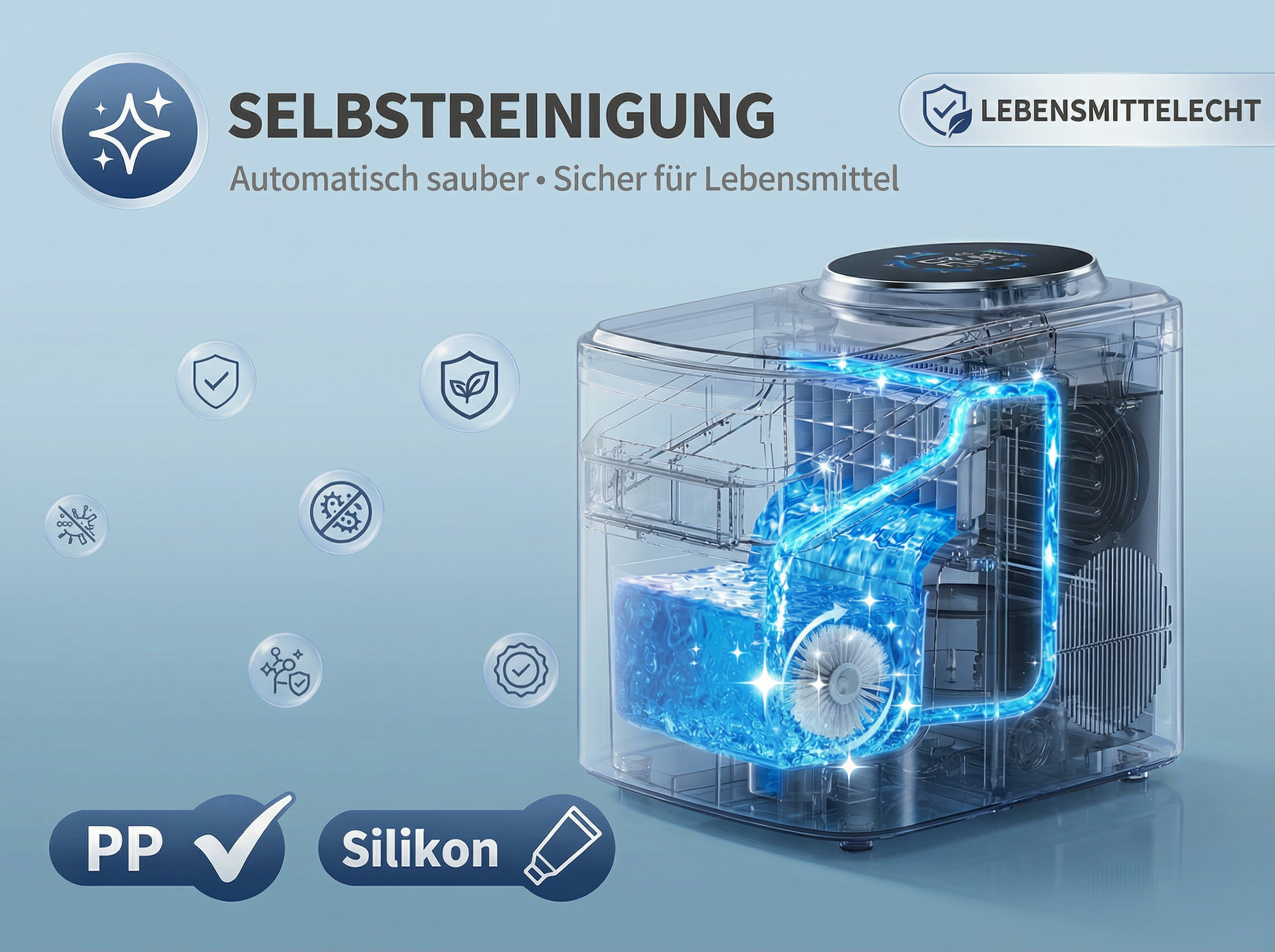 Selbstreinigende Maschine mit transparentem Gehäuse, Wasserfluss und Bürste.