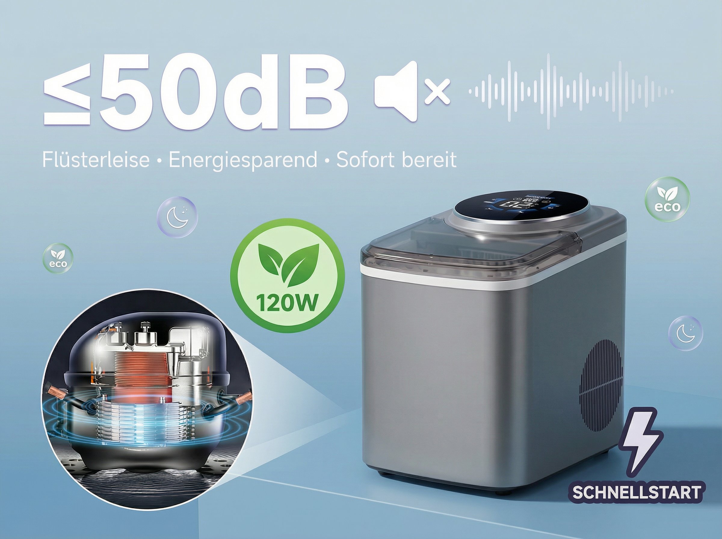 Eiswürfelmaschine mit Kompressor-Detail, 120W, unter 50dB, Schnellstart-Funktion.
