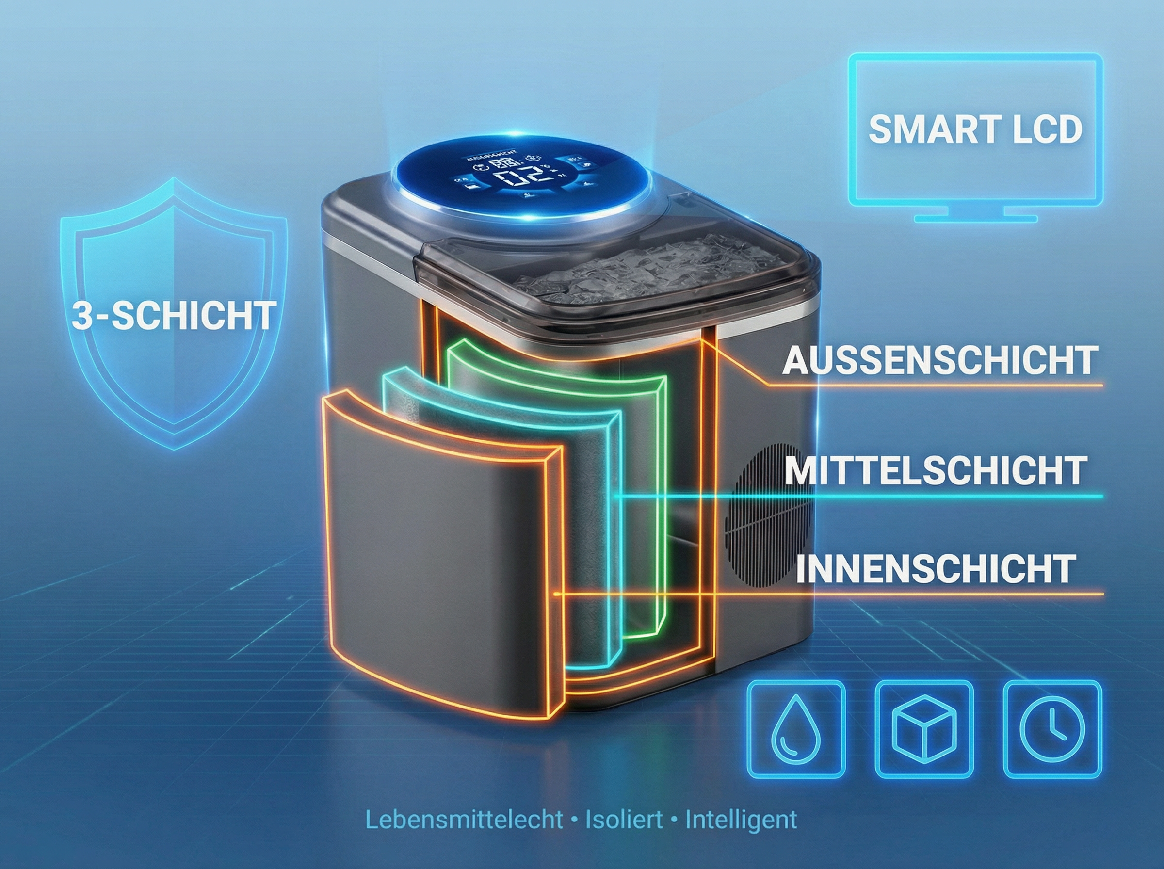 3-Schicht-Gerät mit Smart LCD, Außen-, Mittel- und Innenschicht.