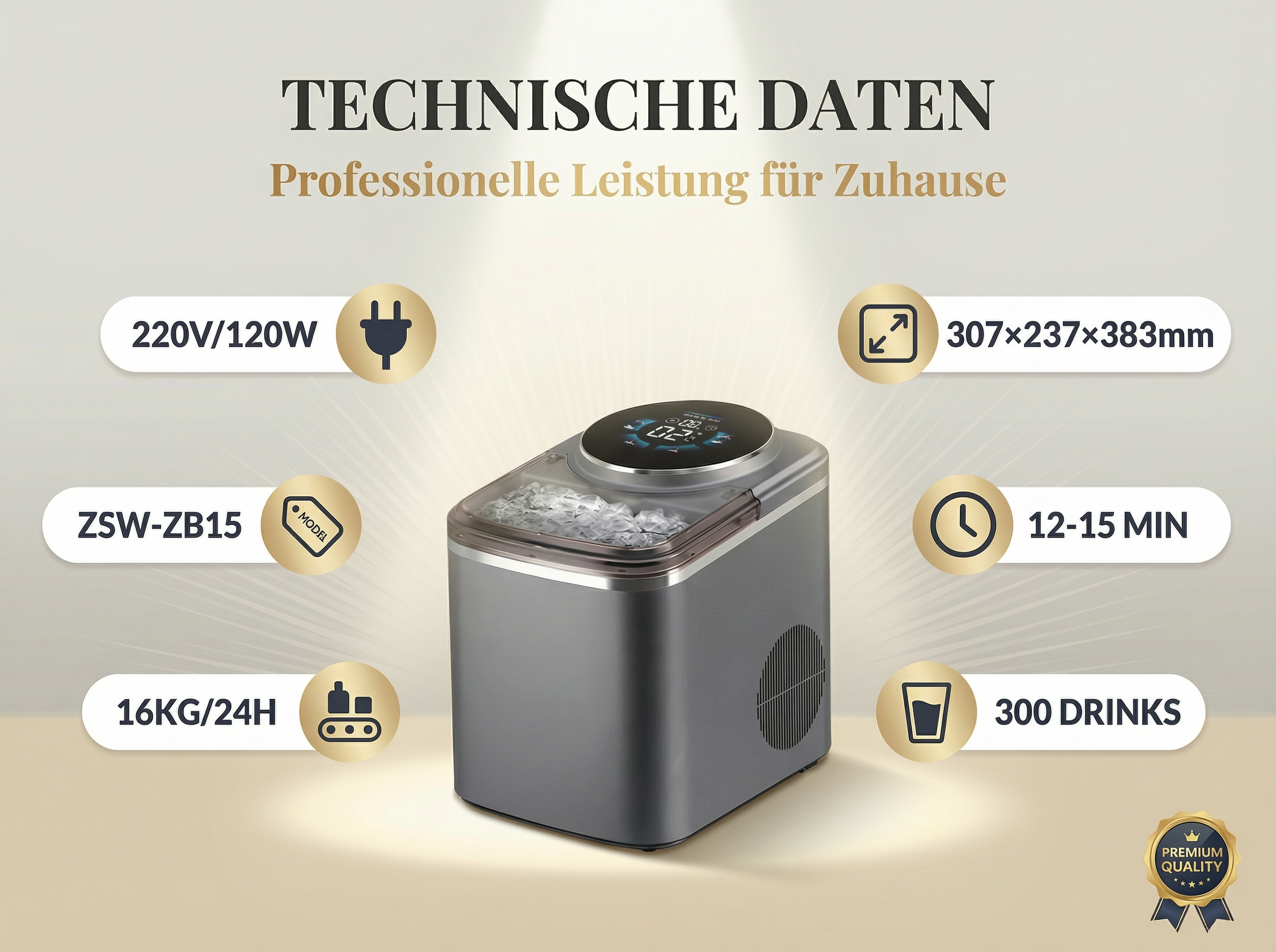 Graue Eismaschine mit technischen Daten: 220V/120W, 307x237x383mm, 16kg/24h, 12-15 Min, 300 Drinks.