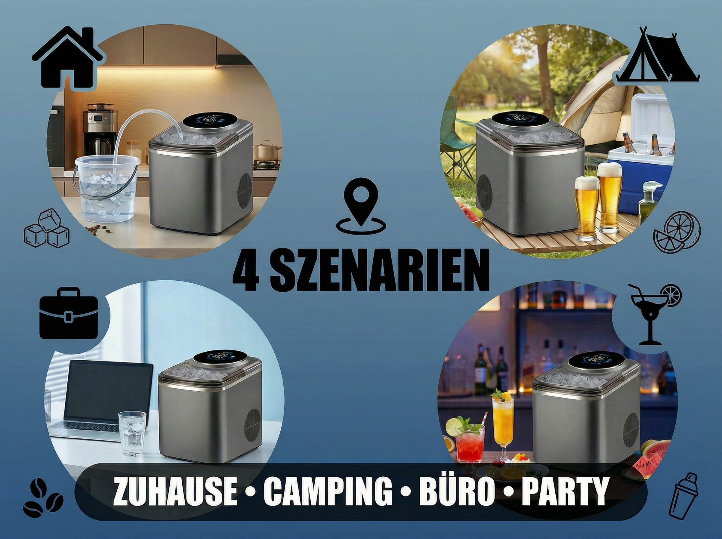 Vier Szenarien mit einer Eismaschine: Zuhause, Camping, Büro, Party.