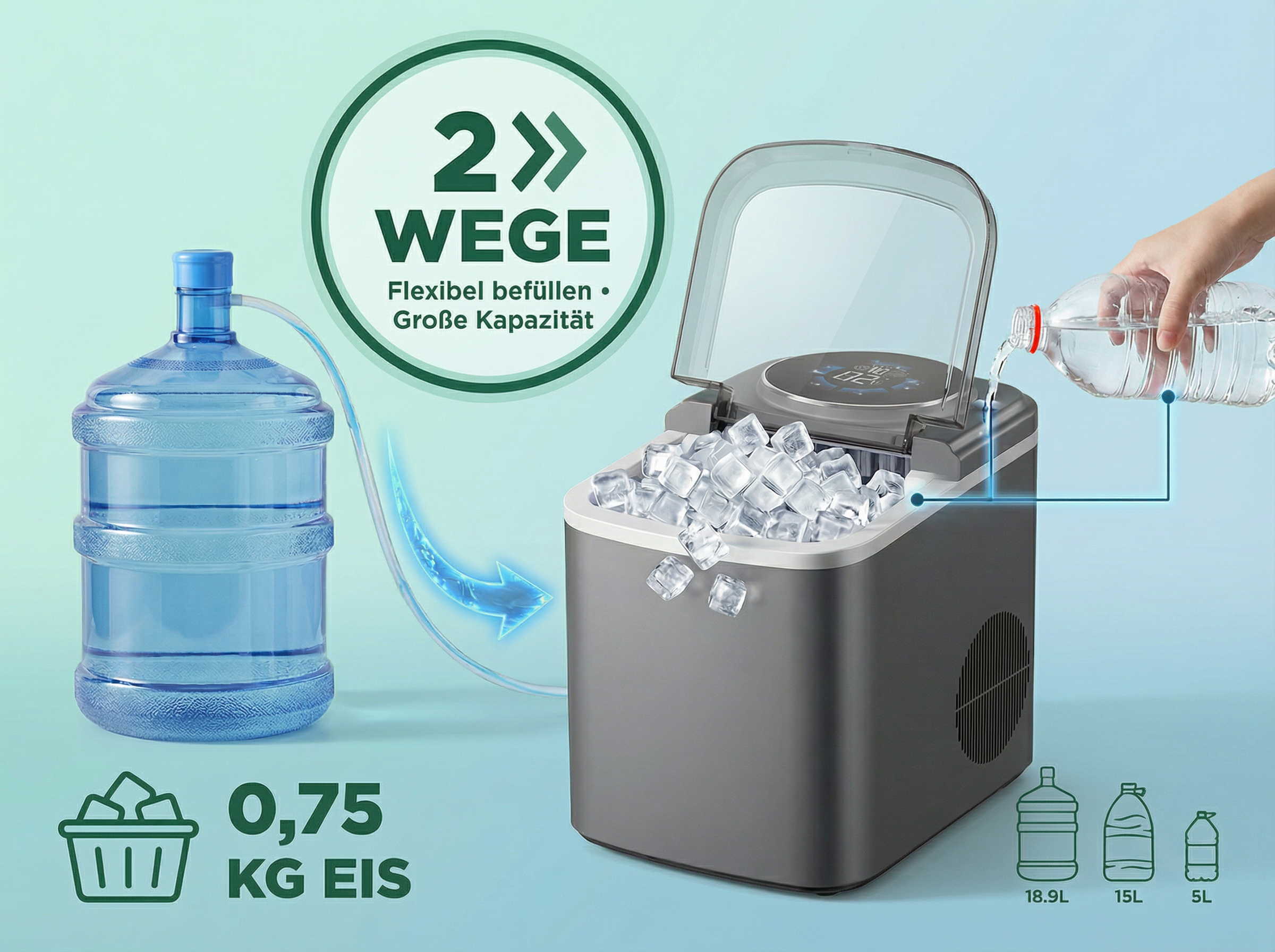 Eismaschine mit großem Wasserbehälter, die Eiswürfel produziert.