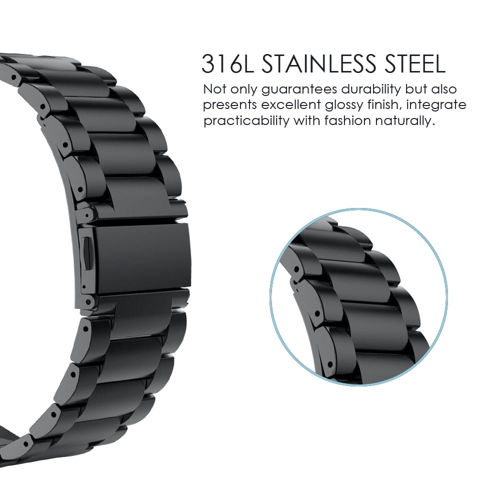 Schwarzes Edelstahl-Uhrenarmband mit Gliedern, Nahaufnahme.