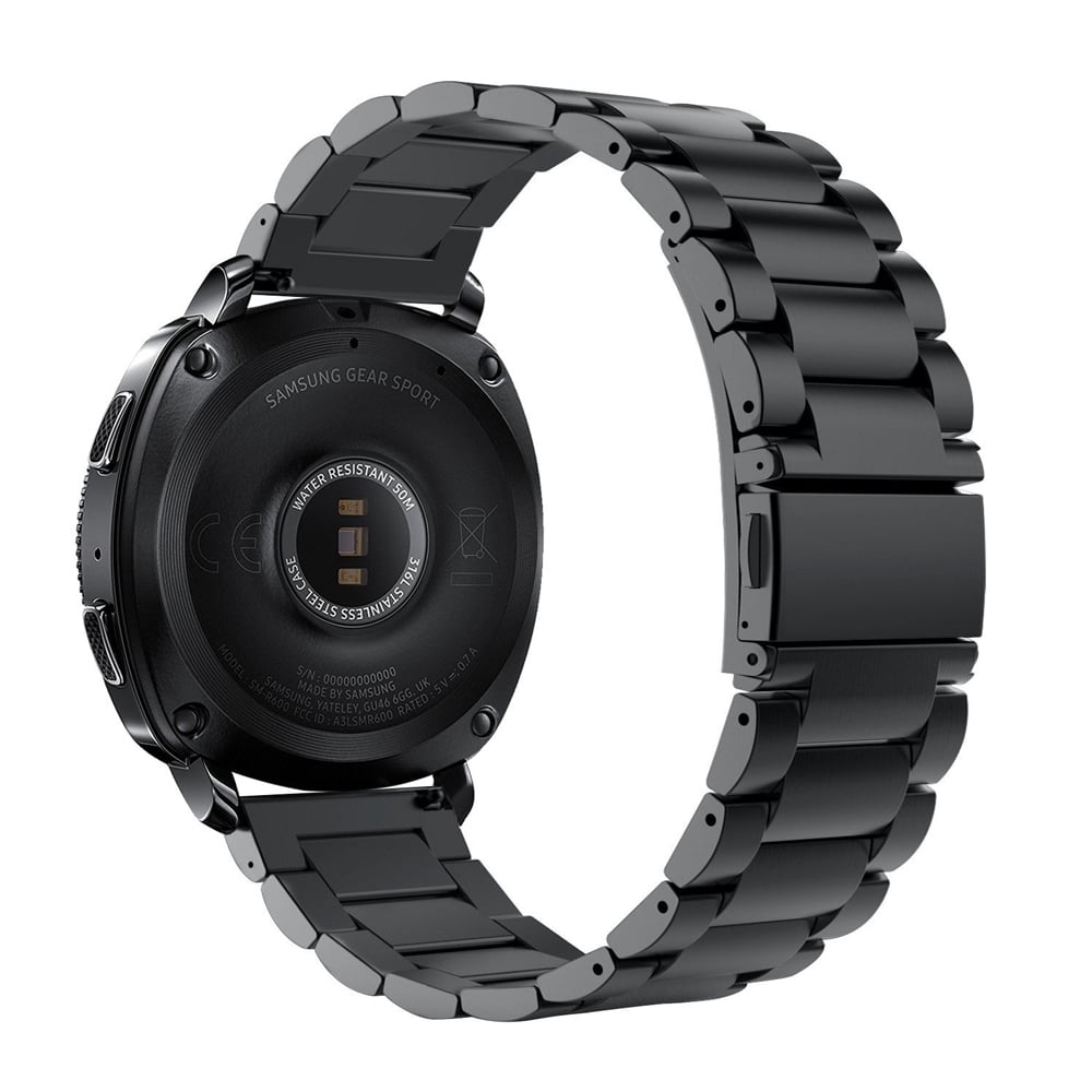 Schwarze Smartwatch mit Metallarmband, Rückseite mit Details.