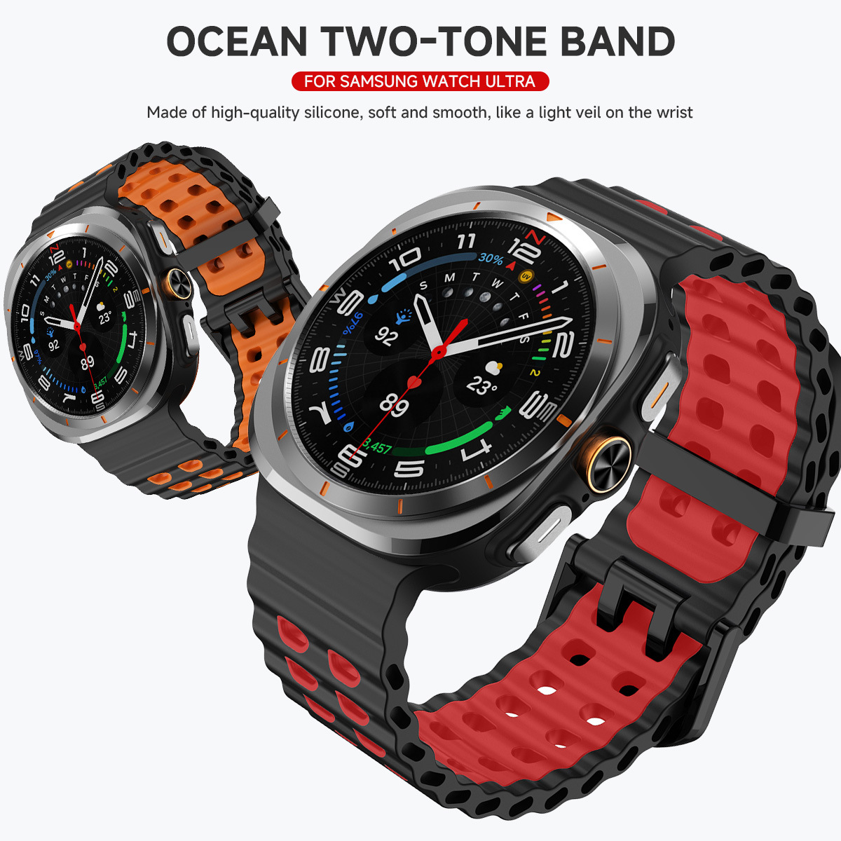 Zwei Smartwatches mit zweifarbigem Armband: Schwarz/Rot und Schwarz/Orange.