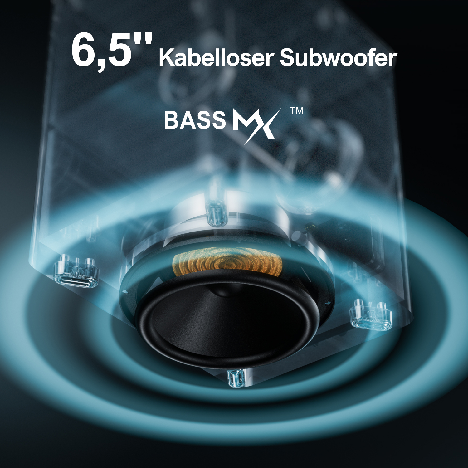 Subwoofer sans fil 6,5 pouces avec logo Bass MX et ondes sonores bleues.