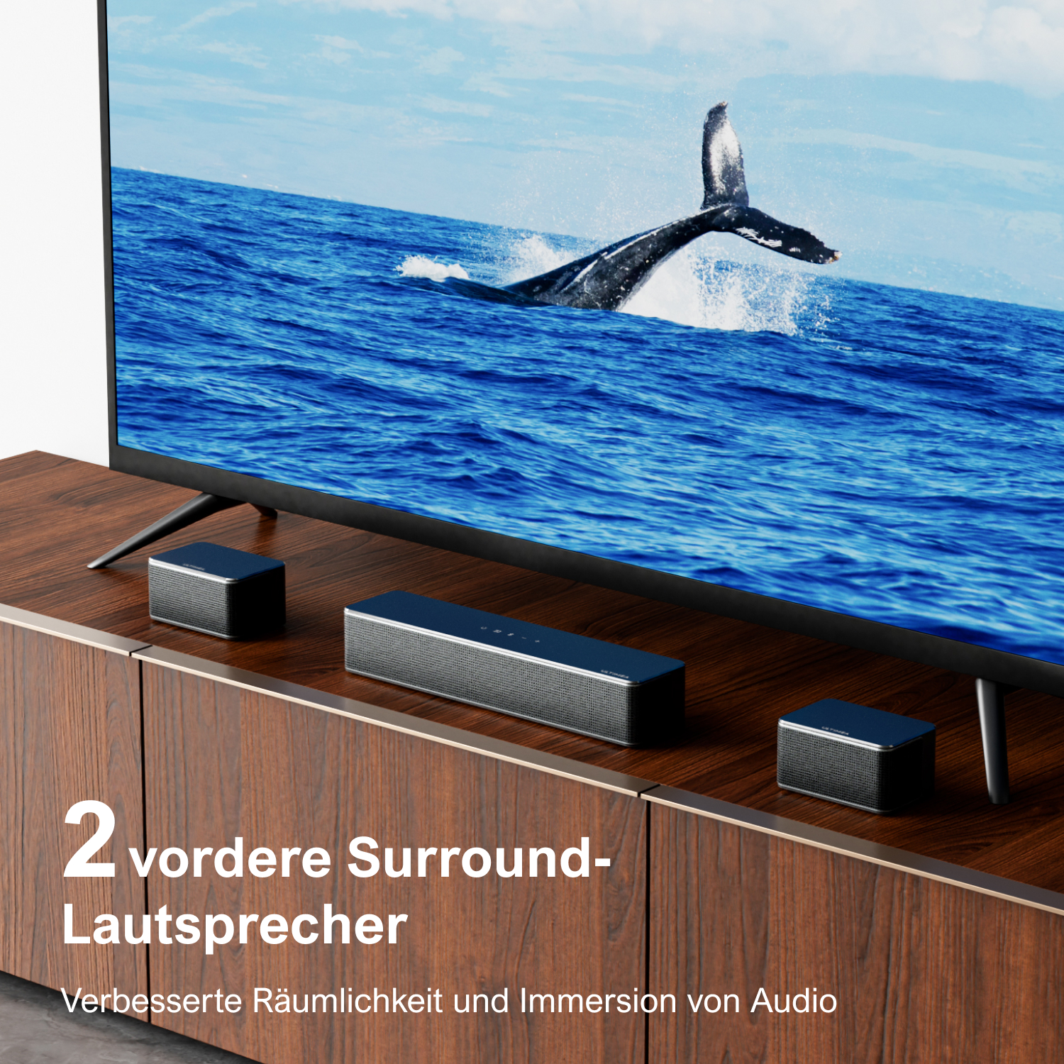 Une TV montre une baleine sautant de l'eau bleue. Des haut-parleurs sont placés en dessous.