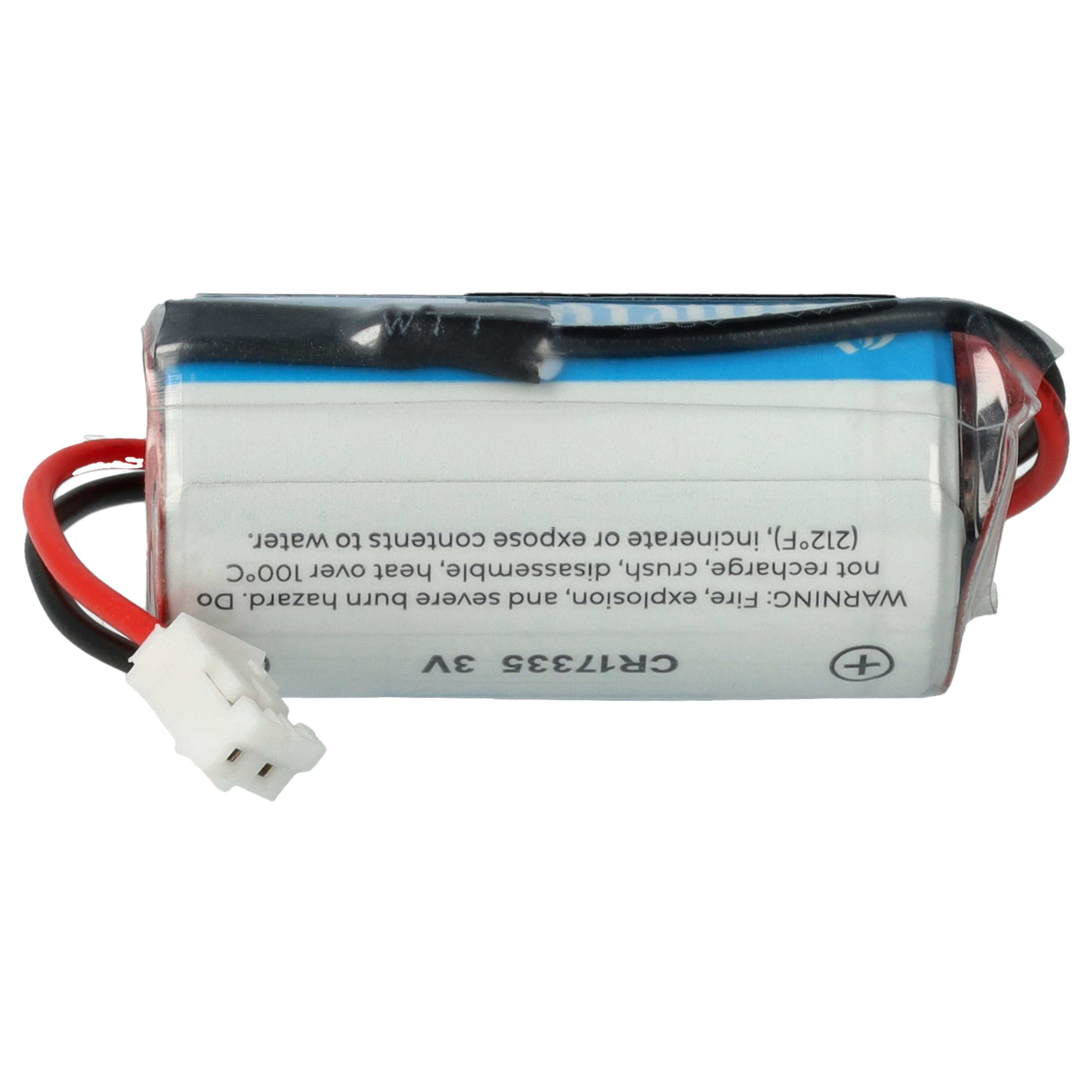 Eine 3V CR17335 Batterie mit roten und schwarzen Kabeln und einem weißen Stecker.