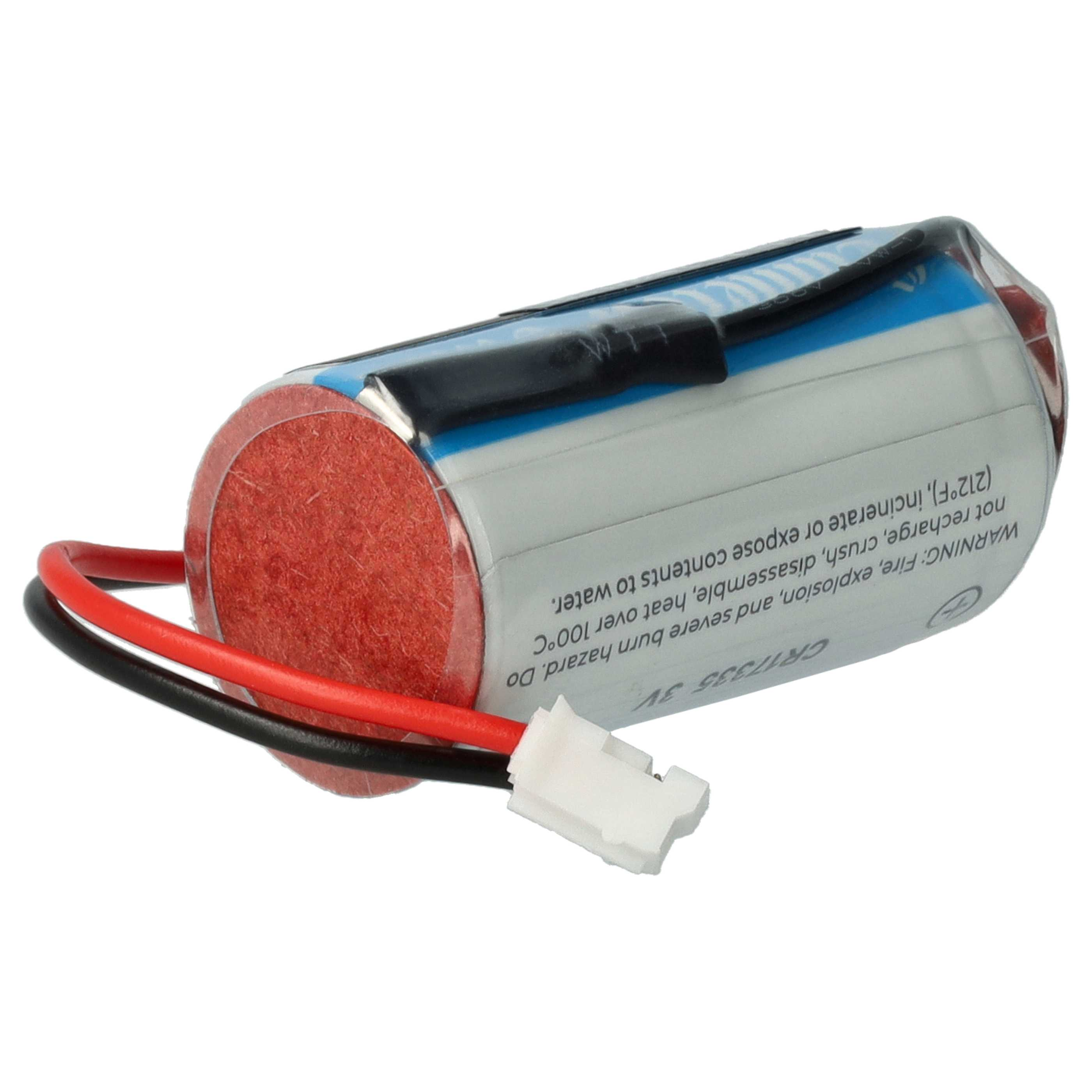 Eine zylindrische Batterie mit roten und schwarzen Kabeln und einem weißen Stecker.