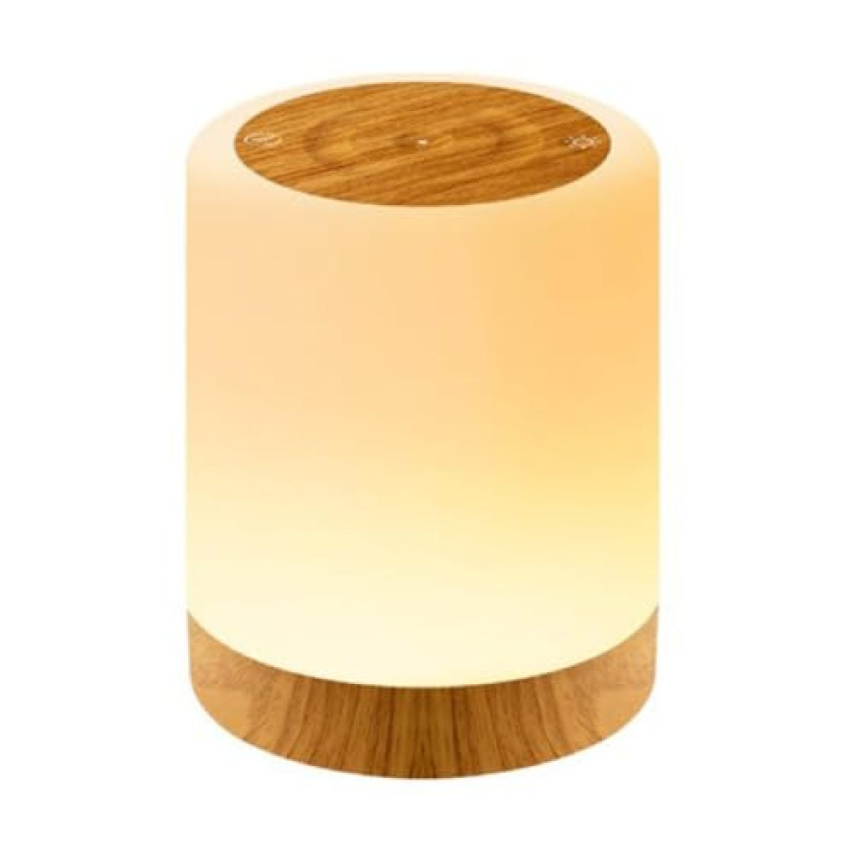 Eine zylindrische Lampe mit Holzsockel und -oberseite, die warmes, diffuses Licht ausstrahlt.
