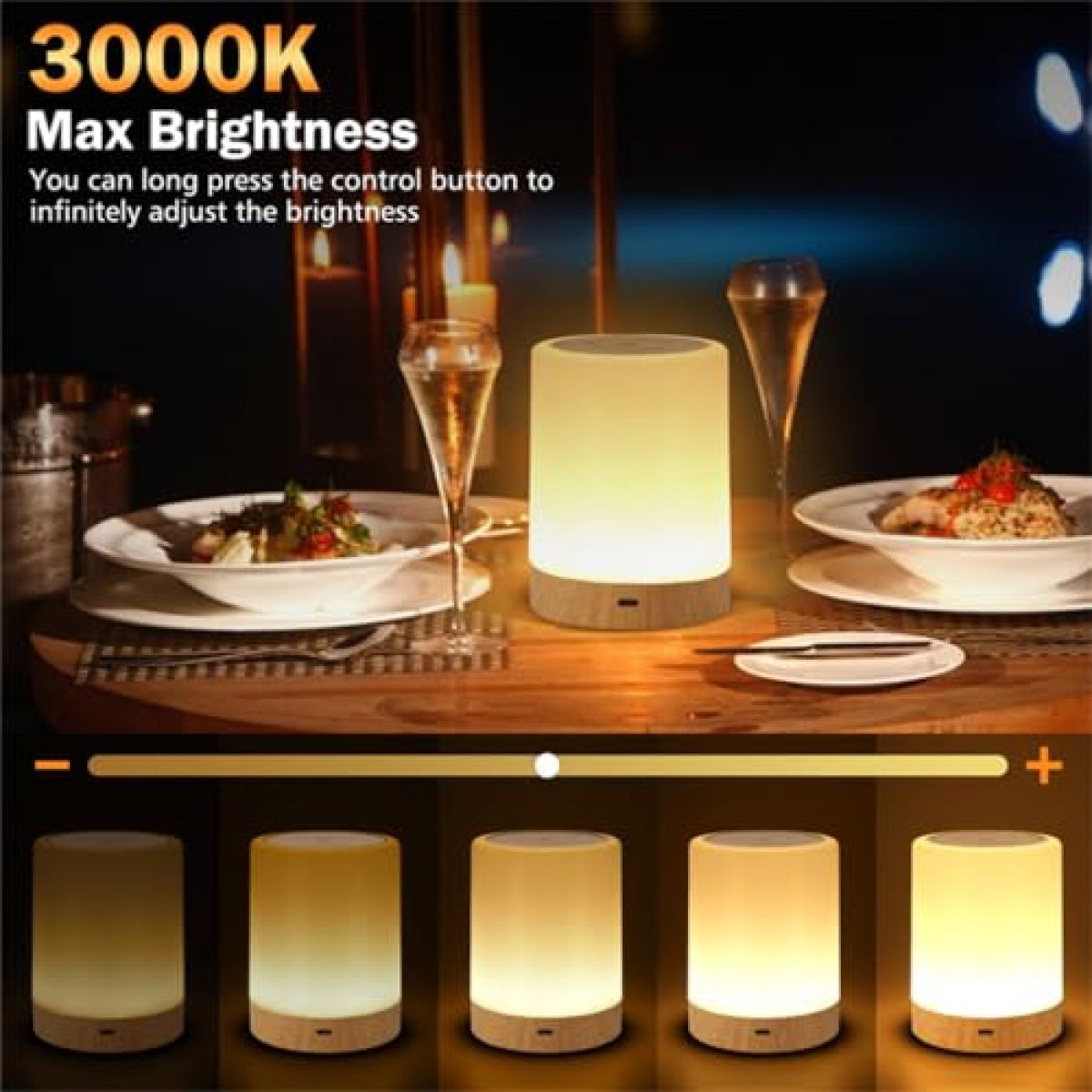 Eine Nachttischlampe mit verstellbarer Helligkeit steht auf einem Tisch mit Essen.