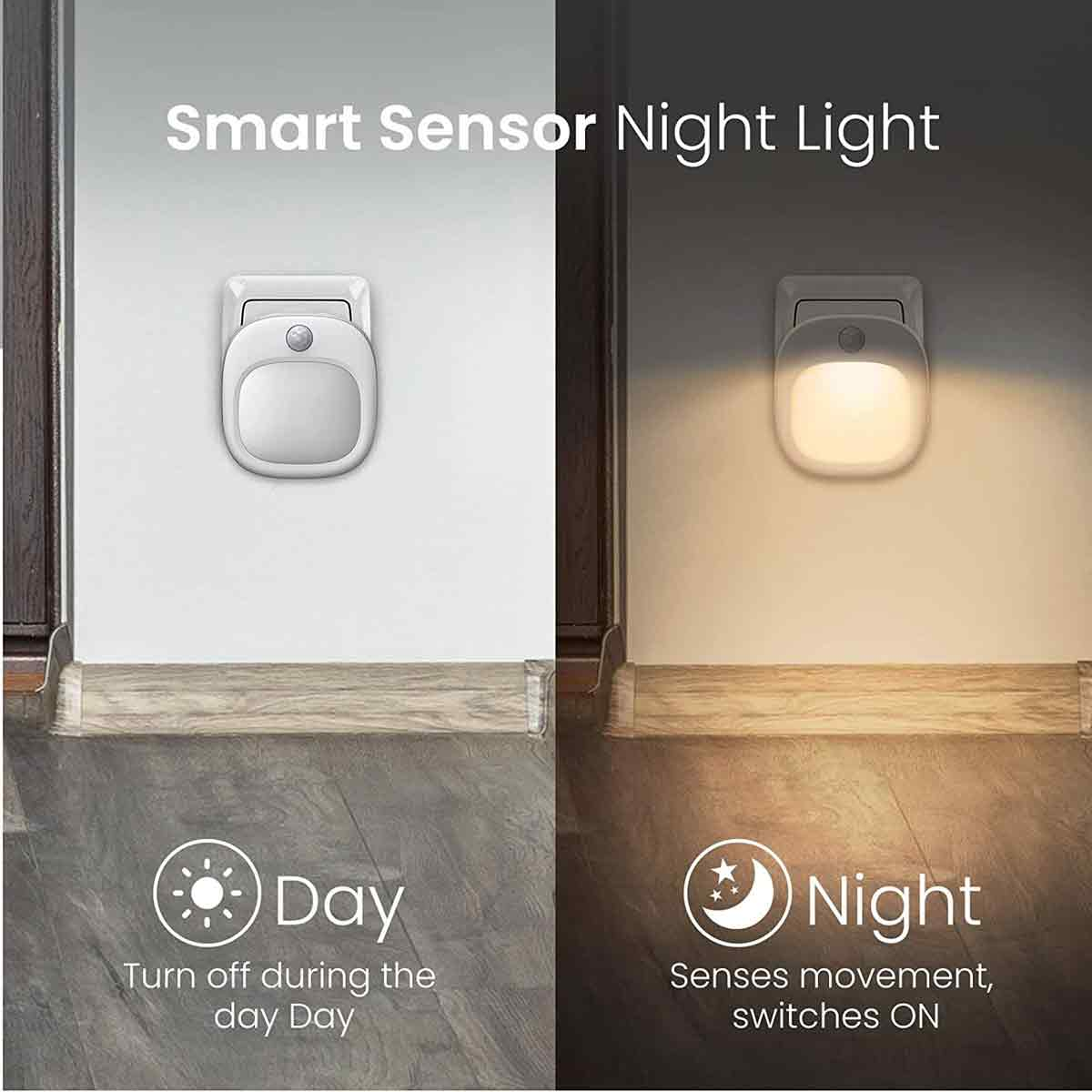 Intelligente Nachtlicht mit Sensor im Tag- und Nachtmodus. Tagmodus aus, Nachtmodus an.