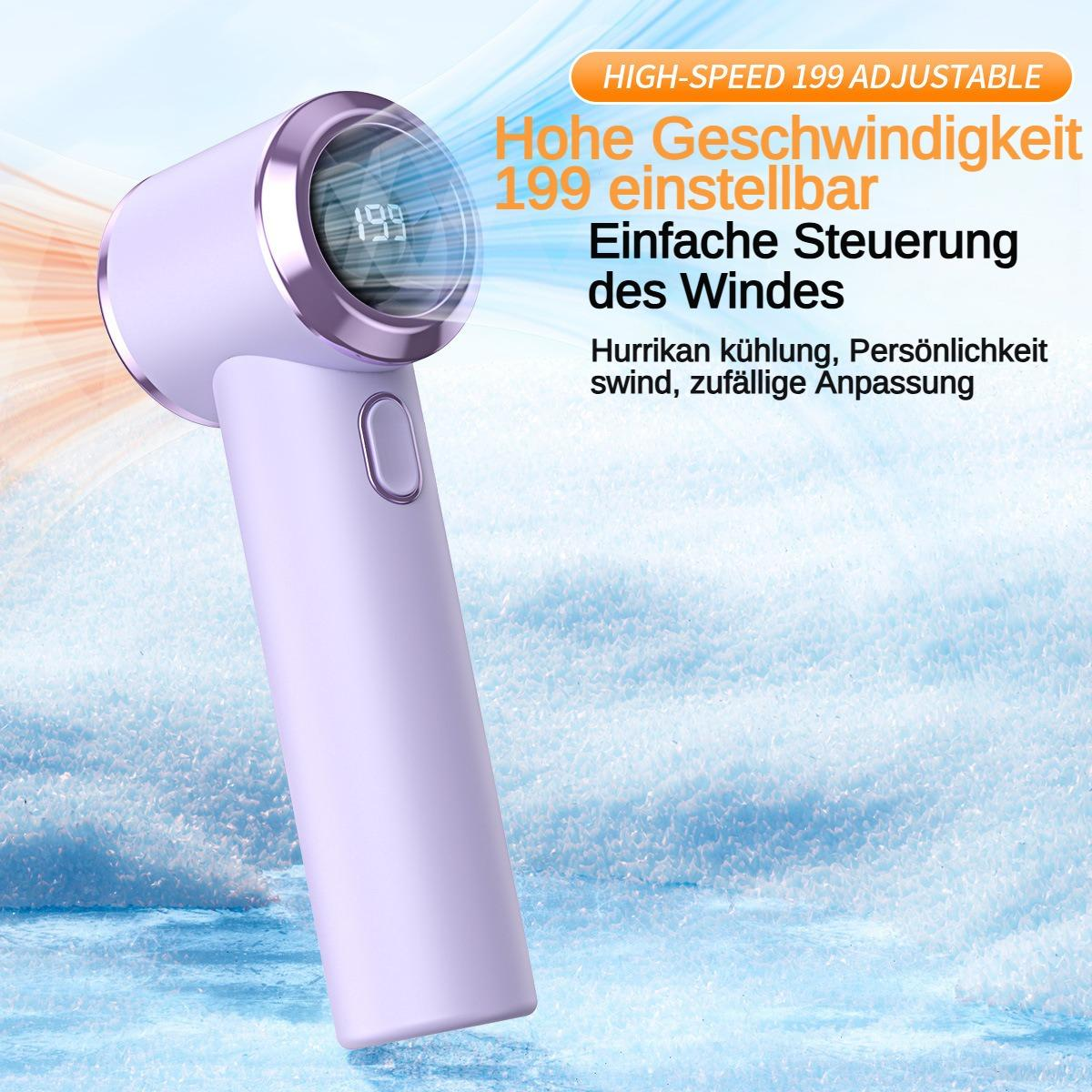 Lila Ventilator mit Display, das 199 anzeigt, vor eisigem Hintergrund.