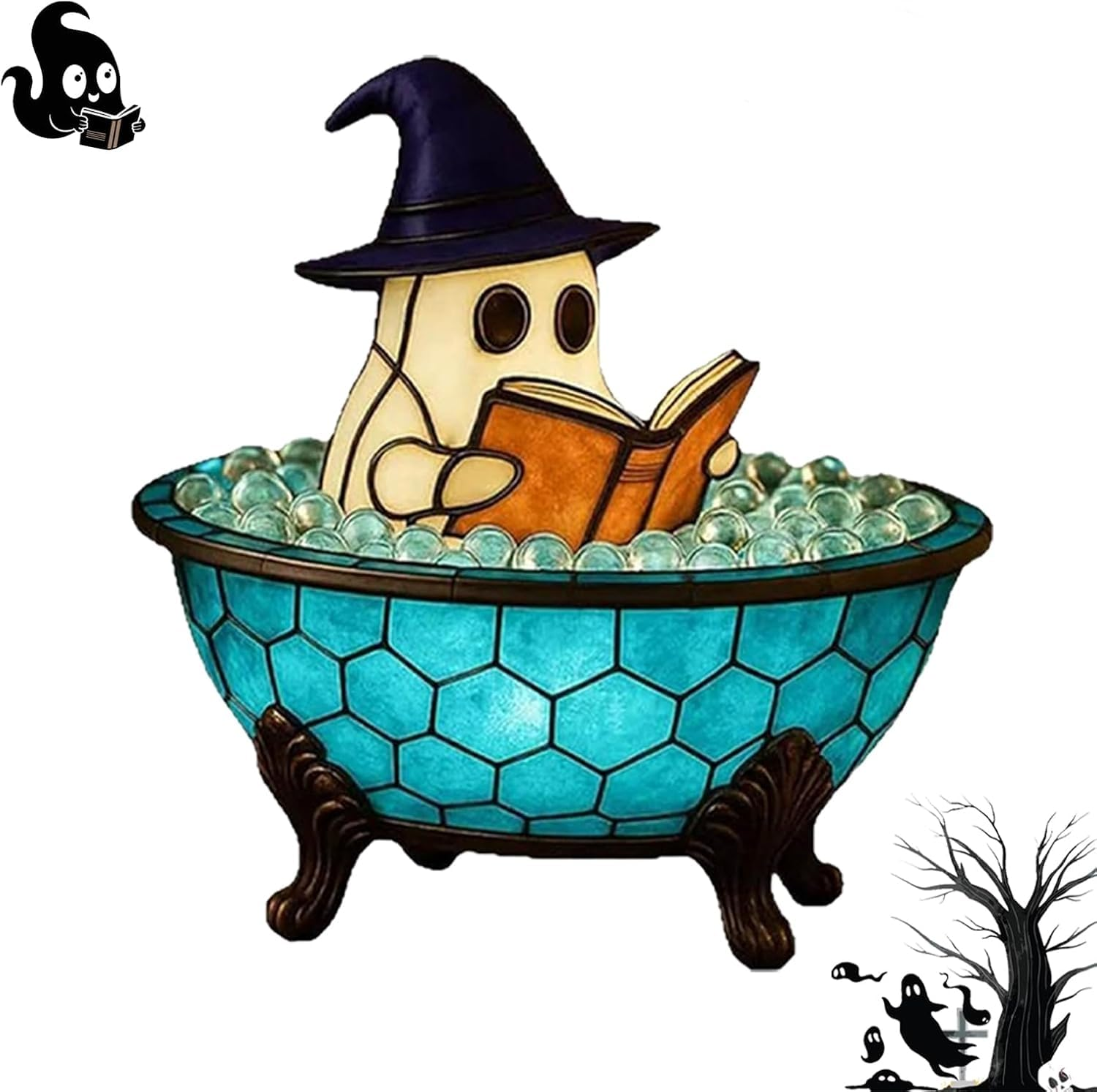 Un fantasma con cappello da strega legge in una vasca da bagno.