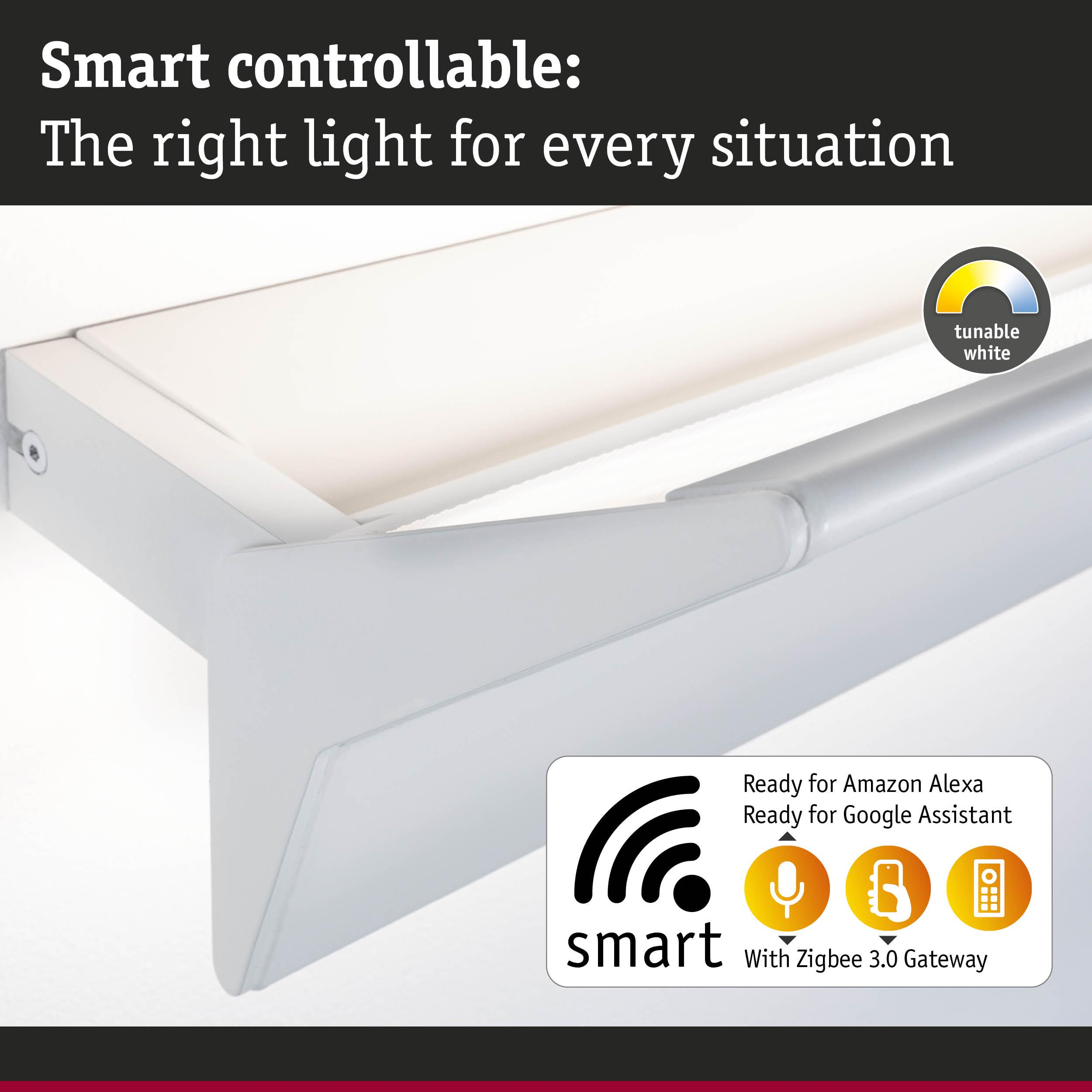 Ein weißer, smarter Lichtstreifen mit Symbolen für Alexa, Google und Zigbee.